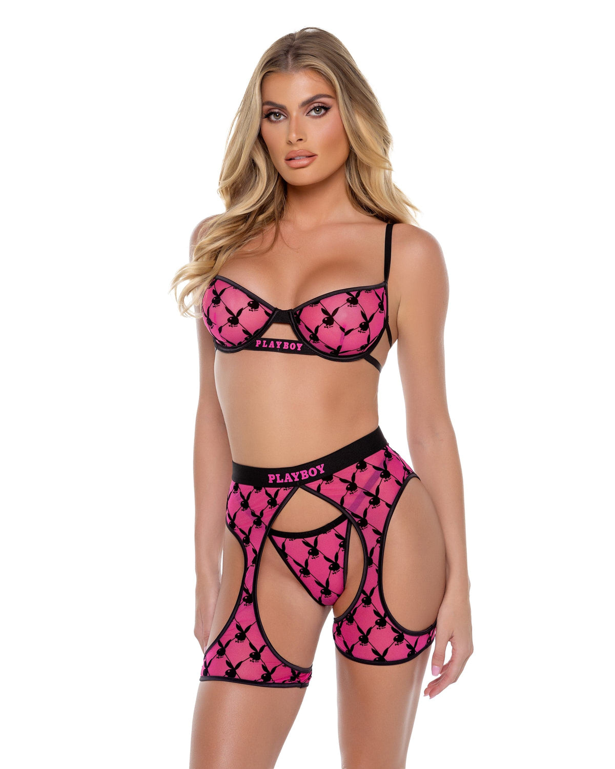 Roma Pink / x-small PBLI160 - Playboy Flocked Bunny Chaps PBLI160-Pink/Blk-XS PBLI160 - Playboy Flocked Bunny Chaps Lingerie