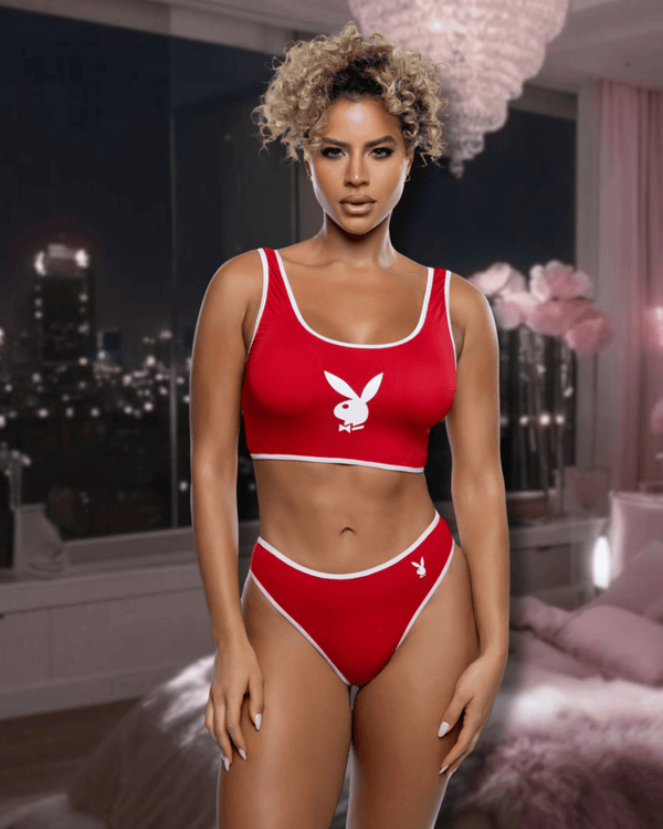 Roma Red / One Size Black Playboy Bunny Sport Jersey Knit Bralette & Brazilian Cheeky Panty Lounge Lingerie PBLI216-RED/WHT-OS Black Playboy Bunny Sport Bralette & Cheeky Panty Lingerie Lingerie