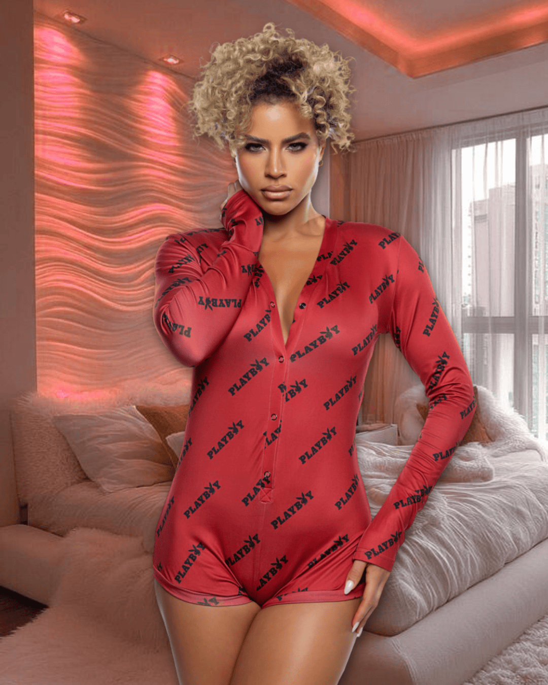 Roma Red / S/M Red Playboy Bunny Long Sleeve Snap Button Lounge Romper PBLI194-RED/BLK-S/M Red Playboy Bunny Long Sleeve Snap Button Lounge Romper Lingerie