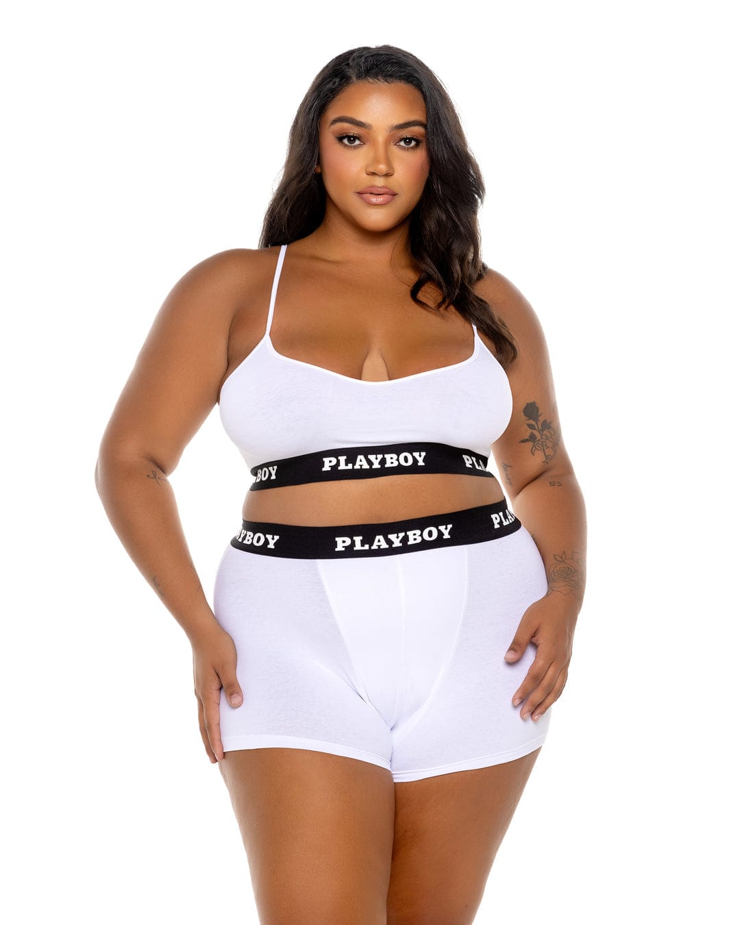 Roma White / 1X Black Playboy Bunny Sport Bralette &amp; High Waisted Short Lounge Lingerie (Plus size Available) PBLI172Q-Wht-1X Sexy Black Sport Bralette &amp; High Waisted Short Lounge Lingerie Lingerie