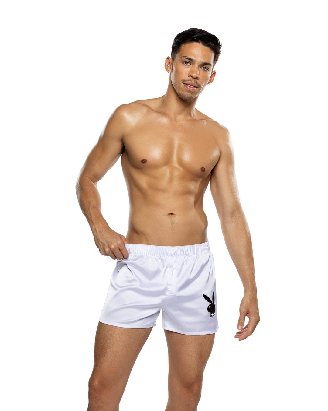 Roma White / Small Black Men’s Playboy Bunny Stretch Satin Classic Boxer PBLI228-WHT-S Black Men’s Playboy Bunny Stretch Satin Classic Boxer Lingerie