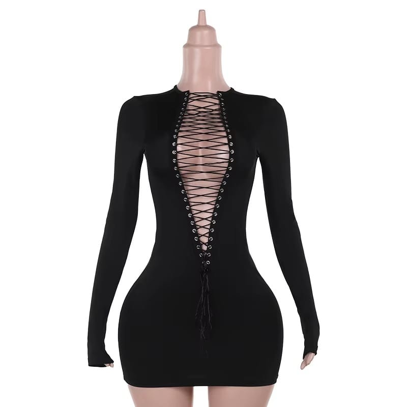 SoHot Clubwear Black Deep Plunge Lace Up Long Sleeve Mini Dress Black Deep Plunge Lace Up Long Sleeve Mini Swinger Dress Apparel & Accessories > Clothing > Dresses