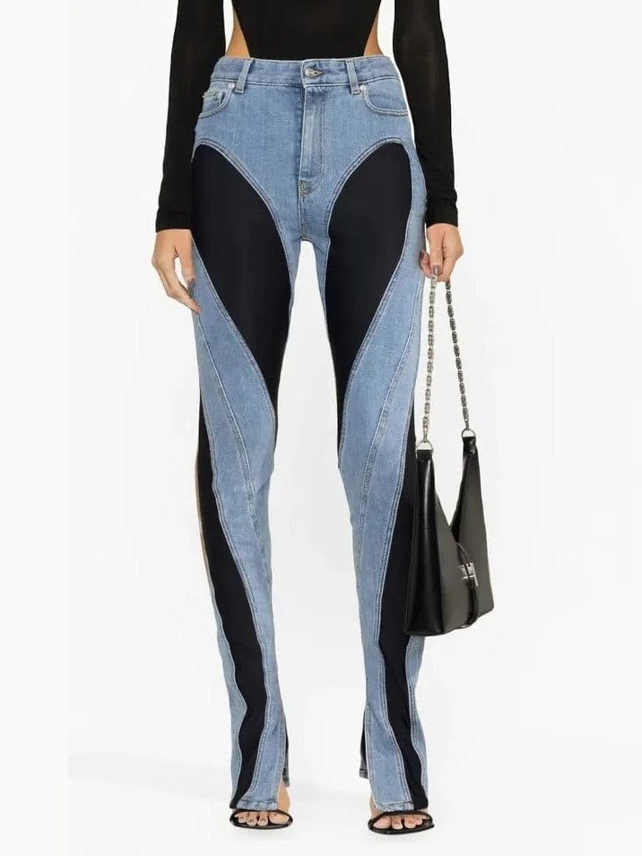 SoHot Clubwear 28-29 / Blue Designer Spiral High Waist &amp; Jersey Skinny Jeans SHC-MUGL-AX 2021 Sexy Black Wet Look Legging Lace Leg | SoHot Clubwear Apparel &amp; Accessories &gt; Clothing &gt; Pants