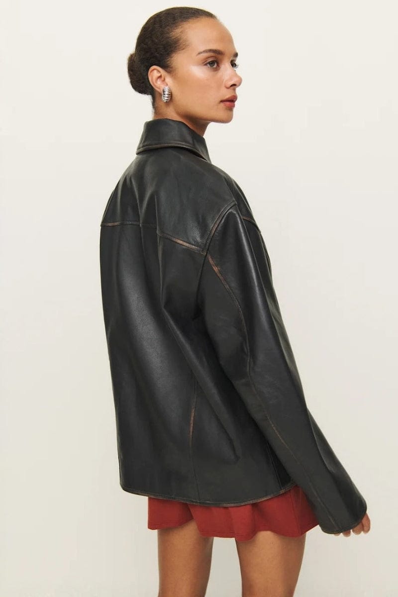 SoHot Clubwear Black / Medium Reformation Veda Bennett Oversized Leather Black Distressed Bomber Coat Jacket SHC-BOMBER-M-REFORMATION Reformation Veda Bennett Leather Black Bomber Coat Jacket Apparel & Accessories > Clothing > Shirt & Tops