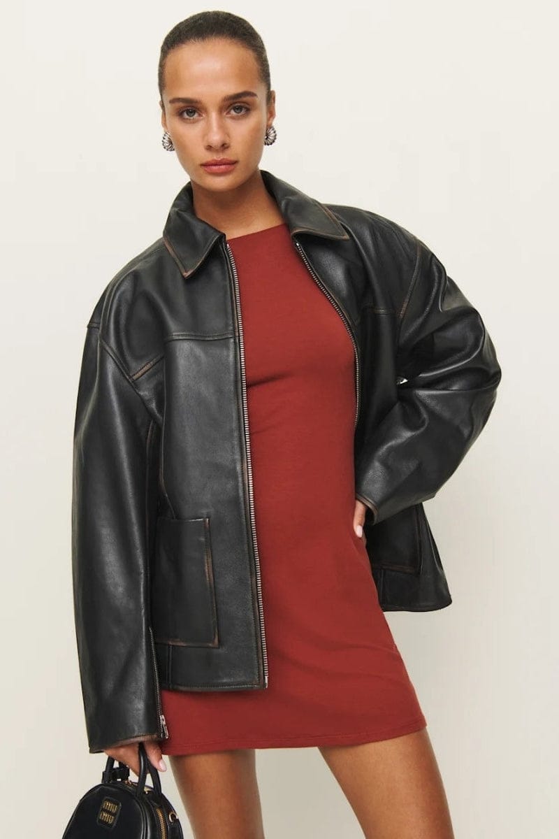 SoHot Clubwear Black / Medium Reformation Veda Bennett Oversized Leather Black Distressed Bomber Coat Jacket SHC-BOMBER-M-REFORMATION Reformation Veda Bennett Leather Black Bomber Coat Jacket Apparel & Accessories > Clothing > Shirt & Tops