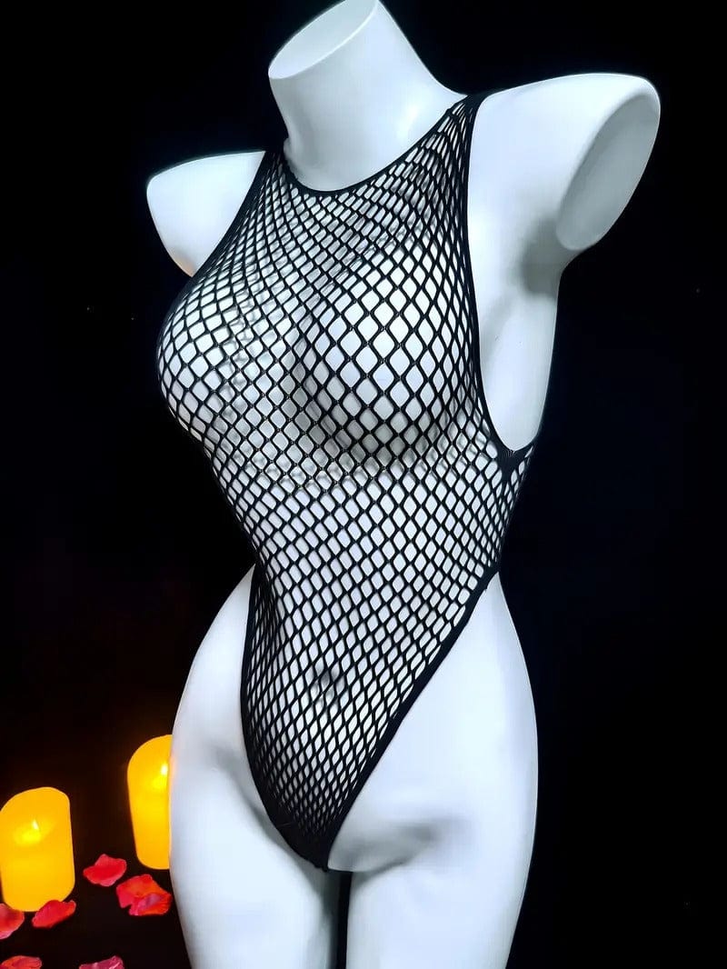 SoHot Clubwear Black / One Size Black Sheer Fishnet Thong One Piece Bodysuit Lingerie SHS-30584-BLK-TM Sexy Sheer Black Mesh Thong One Piece Dance Rave Bodysuit Bodysuit