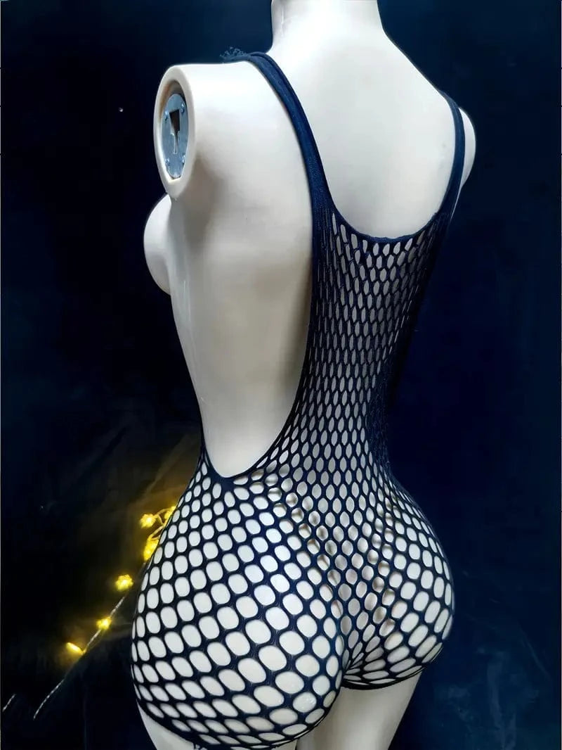 SoHot Clubwear Black / One Size Black Sheer See-Through Fishnet Mesh Romper SHS-42107-BLK-TM Sexy Black Sheer See-Through Fishnet Mesh Festival Romper Bodysuit