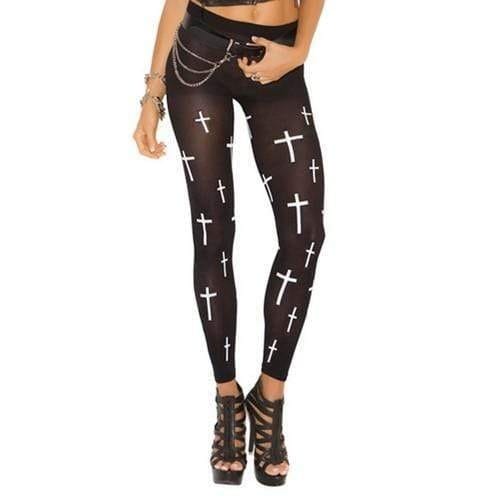 SoHotClubwear.com Black with Cross Design Print Leggings SHC-1797-EM Black & White Cross Design Print Leggings | Halloween