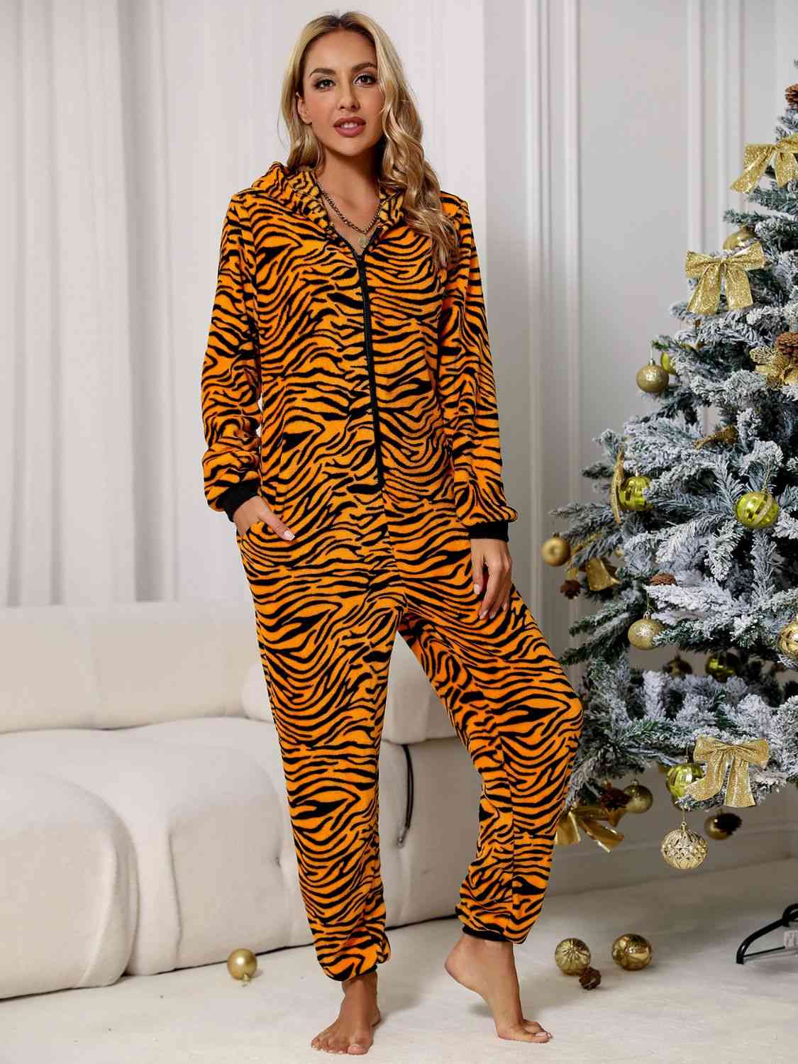 Trendsi Animal Print  Zip Front Lounge Jumpsuit with Pockets Apparel &amp; Accessories &gt; Clothing &gt; Dresses