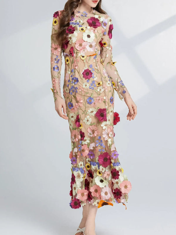 Trendsi Apricot / S Floral Embroidered Mesh Long Sleeve Midi Dress 100100401981227 Floral Embroidered Mesh Long Sleeve Midi Dress Apparel & Accessories > Clothing > Dresses