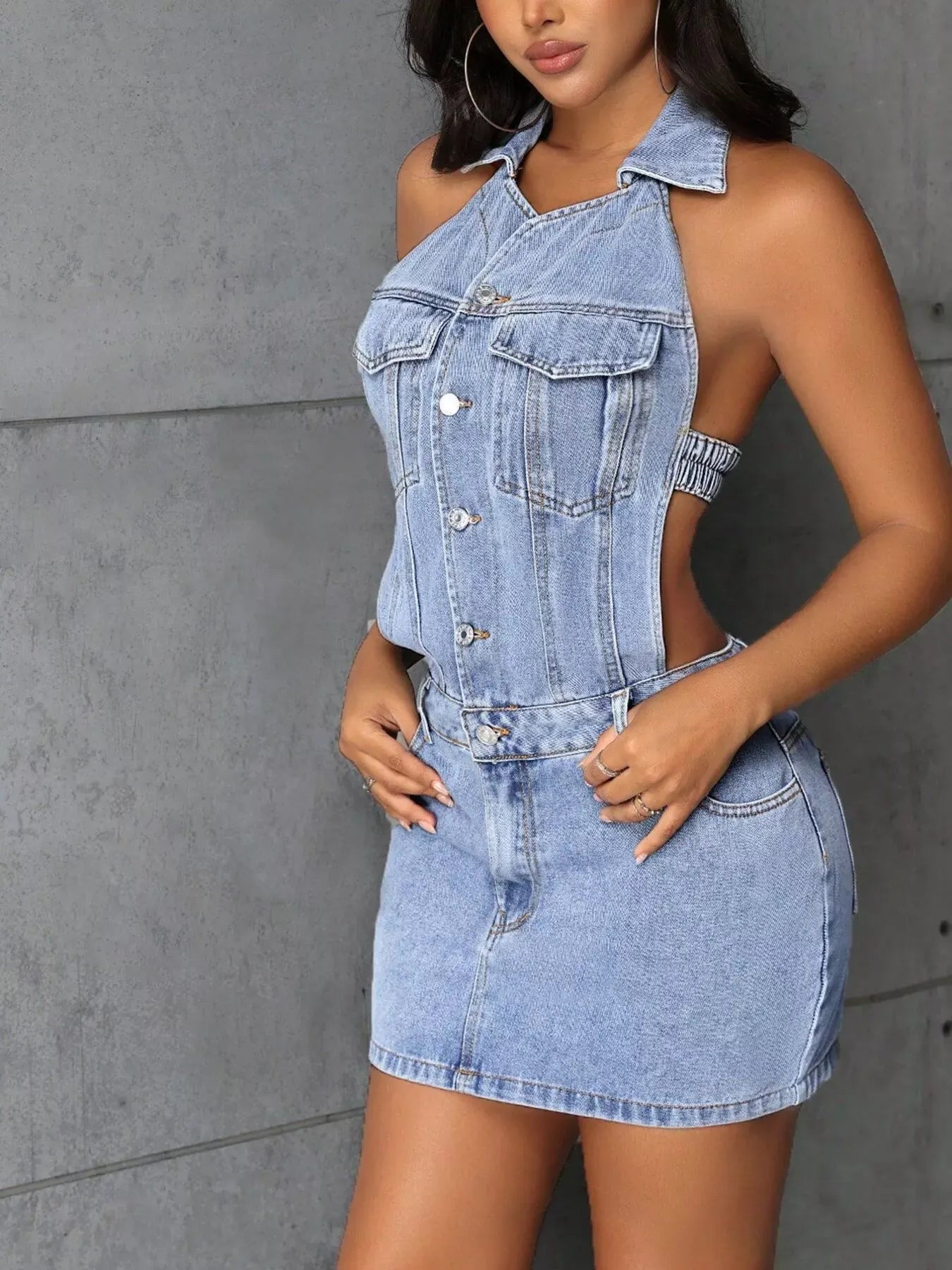 Trendsi Blue / S Backless Sleeveless Button Front Denim Mini Dress 100100238027372 Backless Sleeveless Button Front Denim Mini Dress Apparel & Accessories > Clothing > Dresses