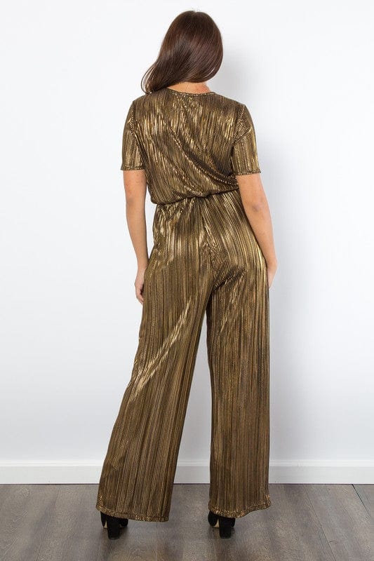 Trendsi Gold / S Be Stage Surplice Short Sleeve Pleated Foil Jumpsuit 100100550991632 Be Stage Surplice Short Sleeve Pleated Foil Jumpsuit Apparel & Accessories > Clothing > Dresses