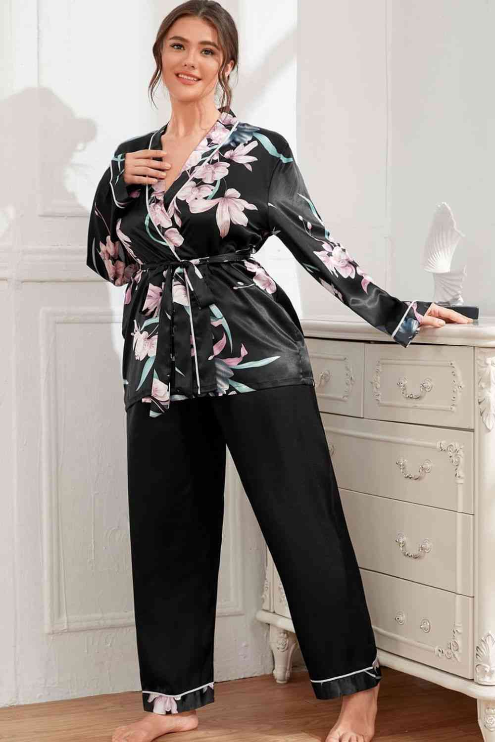 Trendsi Black / 1XL Plus Size Floral Belted Robe and Pants Pajama Set 100100798570977 Apparel &amp; Accessories &gt; Clothing &gt; Dresses