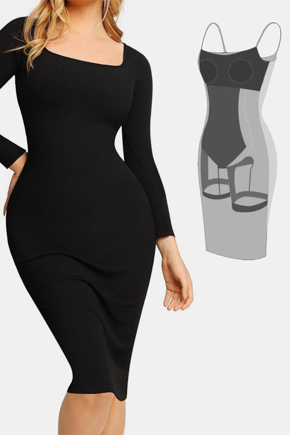 Trendsi Black / S Basic Bae Full Size Built-In Shapewear Square Neck Long Sleeve Dress 100100021116451 Basic Bae Full Size Built-In Shapewear Square Neck Long Sleeve Dress Apparel &amp; Accessories &gt; Clothing &gt; Dresses