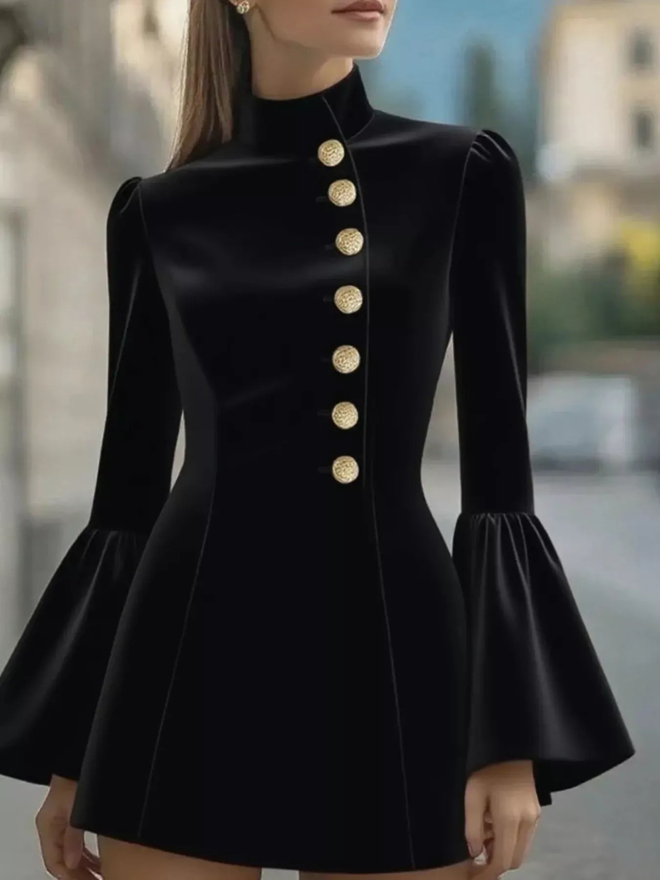 Trendsi Black / S Bell Sleeve Mini Dress with Front Button 100100787888168 Bell Sleeve Mini Dress with Front Button Apparel & Accessories > Clothing > Dresses