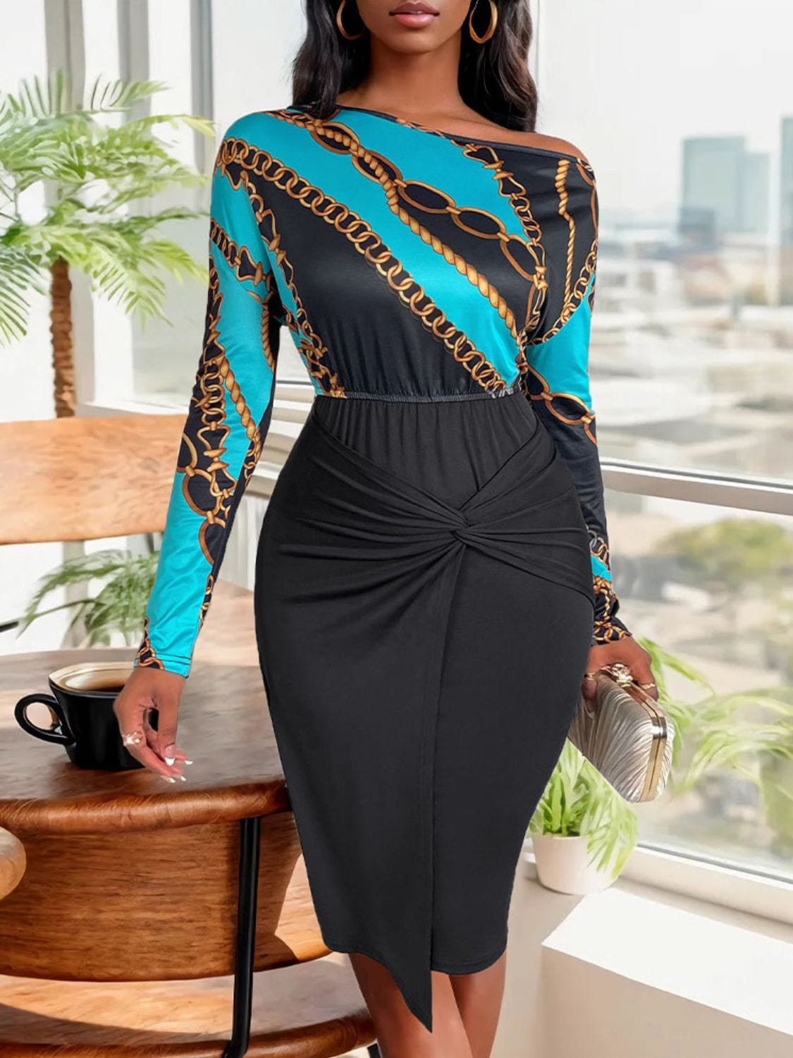 Trendsi Black / S Black &amp; Turquoise Blue Italian Luxury Print Twisted Long Sleeve Dress 100100768041964 Black &amp; Turquoise Blue Versace Style Luxury Print Twisted Dress Apparel &amp; Accessories &gt; Clothing &gt; Dresses