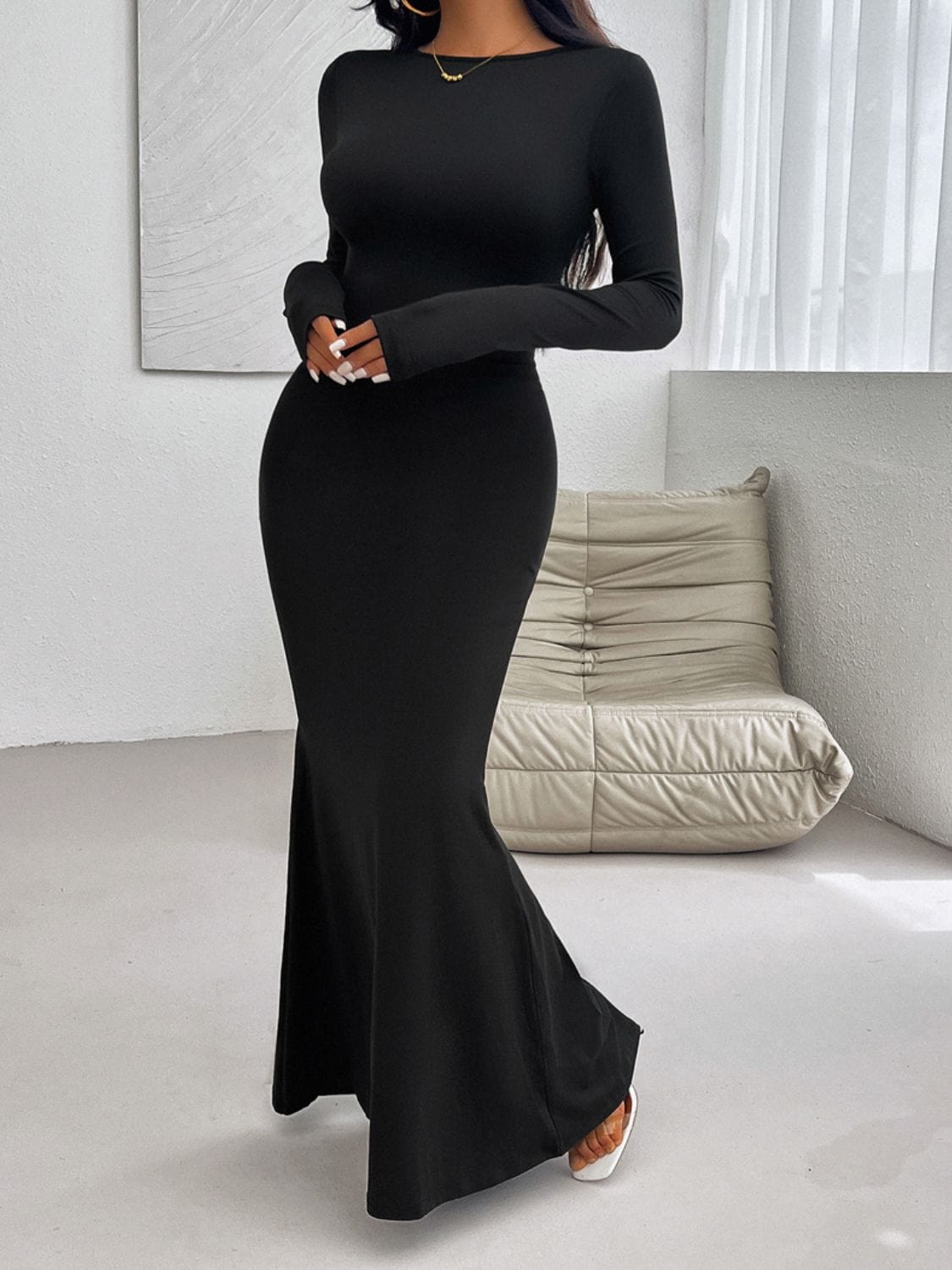 Trendsi Black / S Chocolate Brown Devine Backless Round Neck Long Sleeve Maxi Dress 100100547361310 Apparel &amp; Accessories &gt; Clothing &gt; Dresses