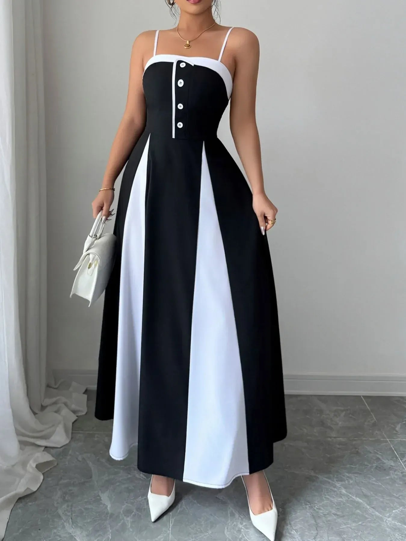 Trendsi Black / S Decorative Button Contrast Maxi Cami Dress 100100858711956 Decorative Button Contrast Maxi Cami Dress Apparel & Accessories > Clothing > Dresses