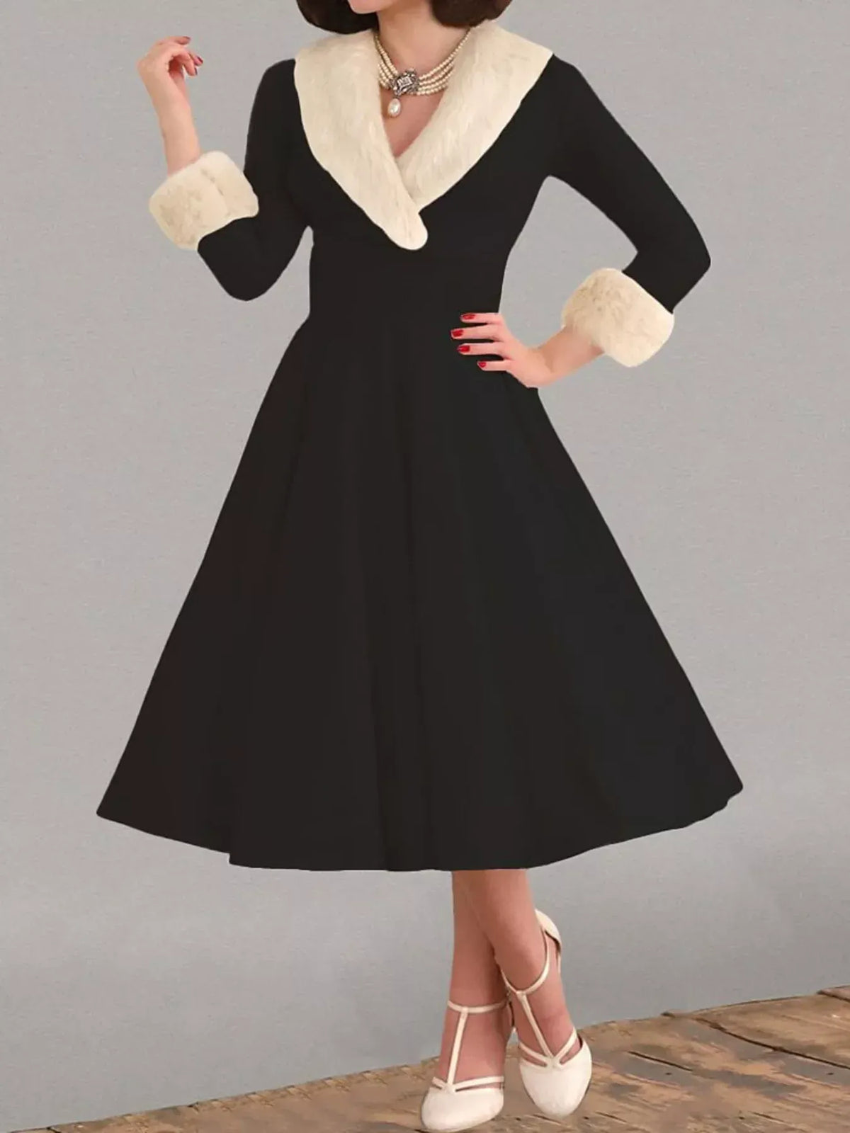 Trendsi Black / S Faux Fur Trim Christmas Dress 100100779076435 Faux Fur Trim Christmas Dress Apparel & Accessories > Clothing > Dresses