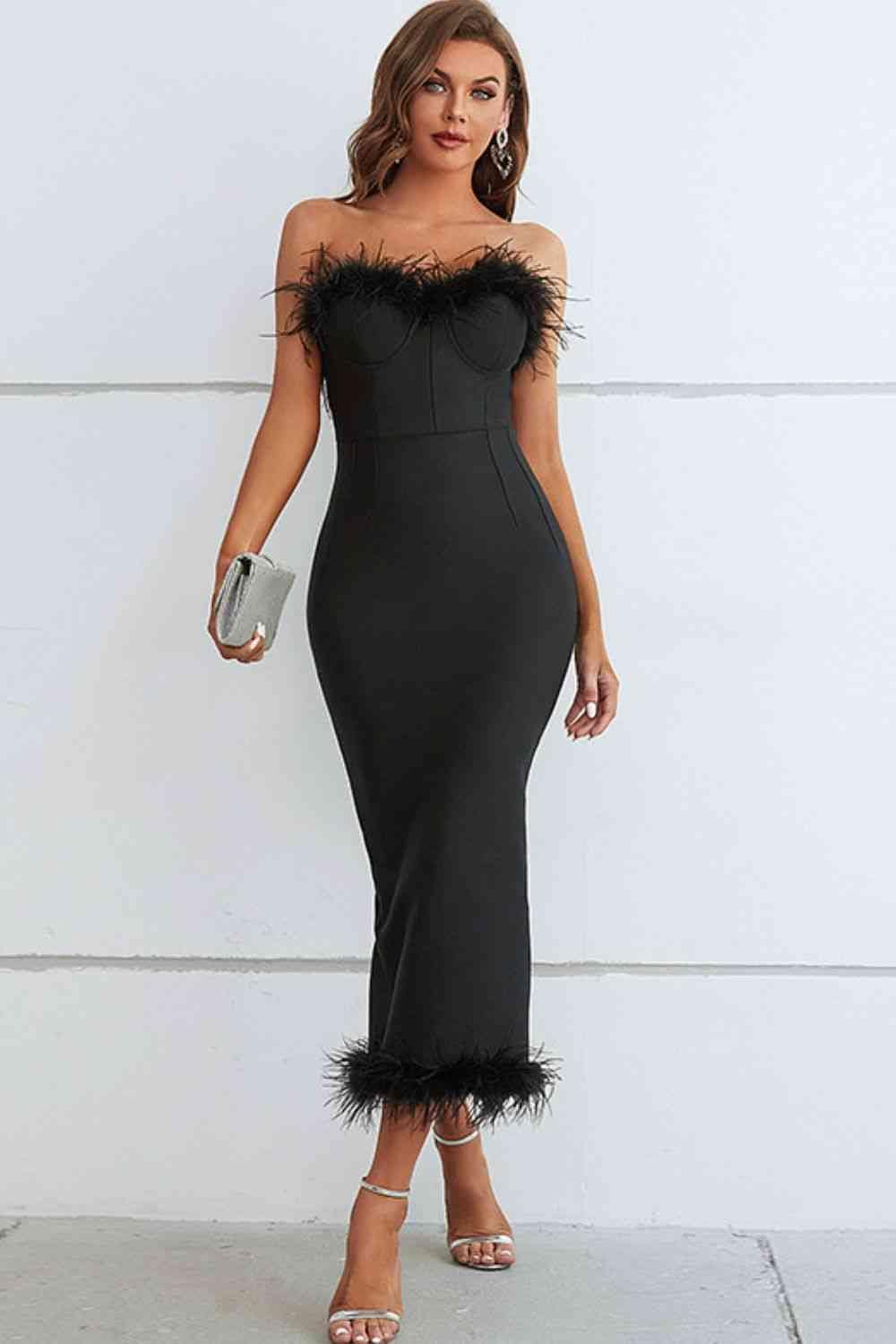 Trendsi Black / S Feather Trim Strapless Sweetheart Neck Dress 100100057238373 Apparel &amp; Accessories &gt; Clothing &gt; Dresses