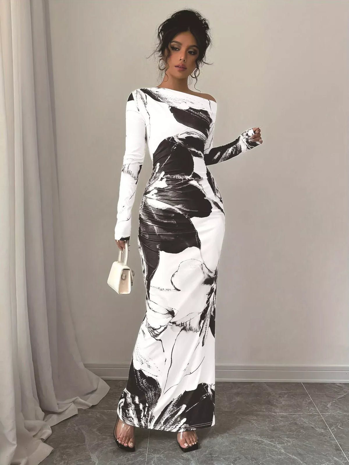 Trendsi Black / S Floral One Shoulder Long Sleeve Maxi Dress 100100484239487 Floral One Shoulder Long Sleeve Maxi Dress Apparel & Accessories > Clothing > Dresses