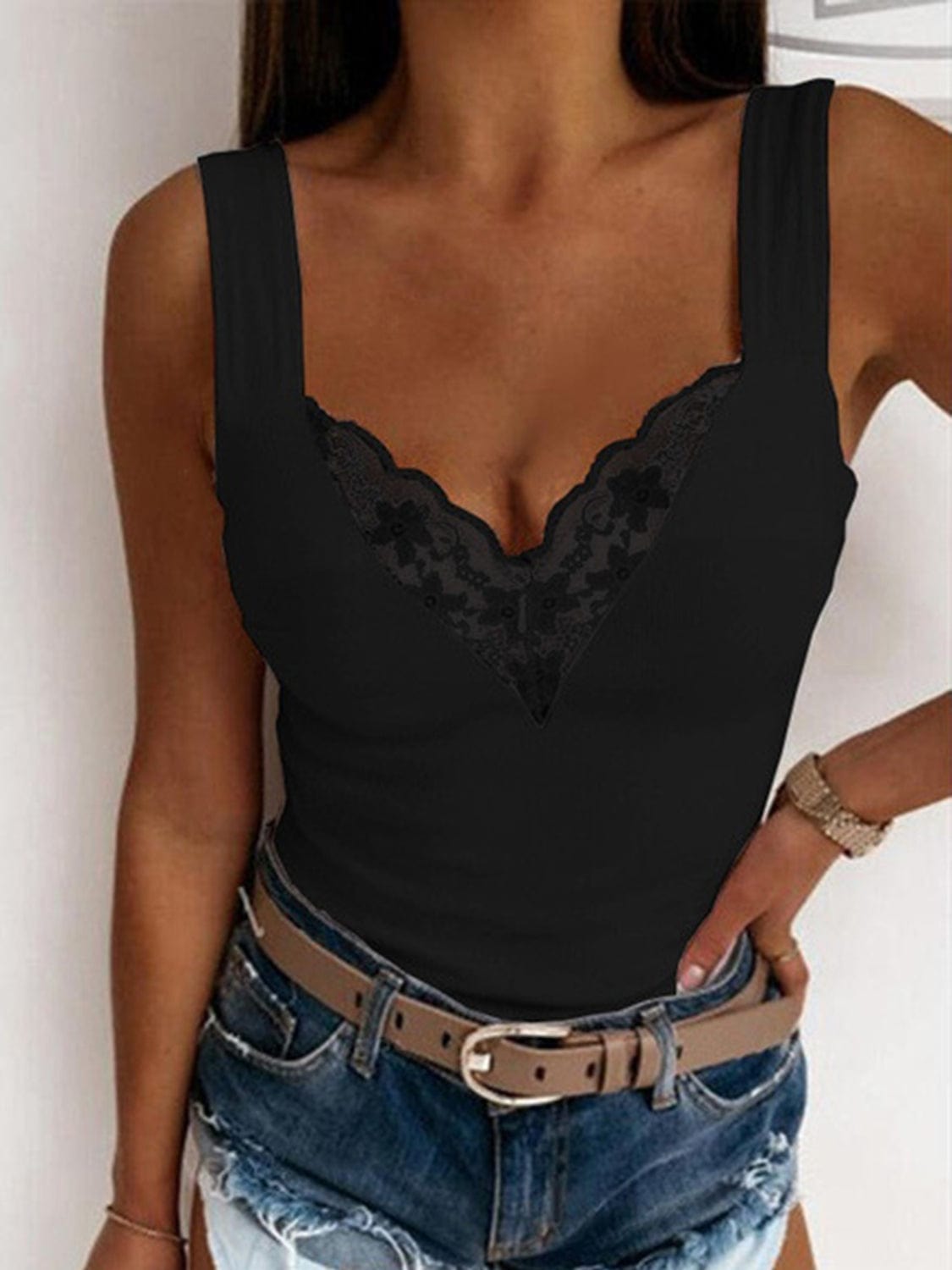 Trendsi Black / S Full Size Lace Detail Sweetheart Neck Tank 100100368056468 Apparel &amp; Accessories &gt; Clothing &gt; Dresses