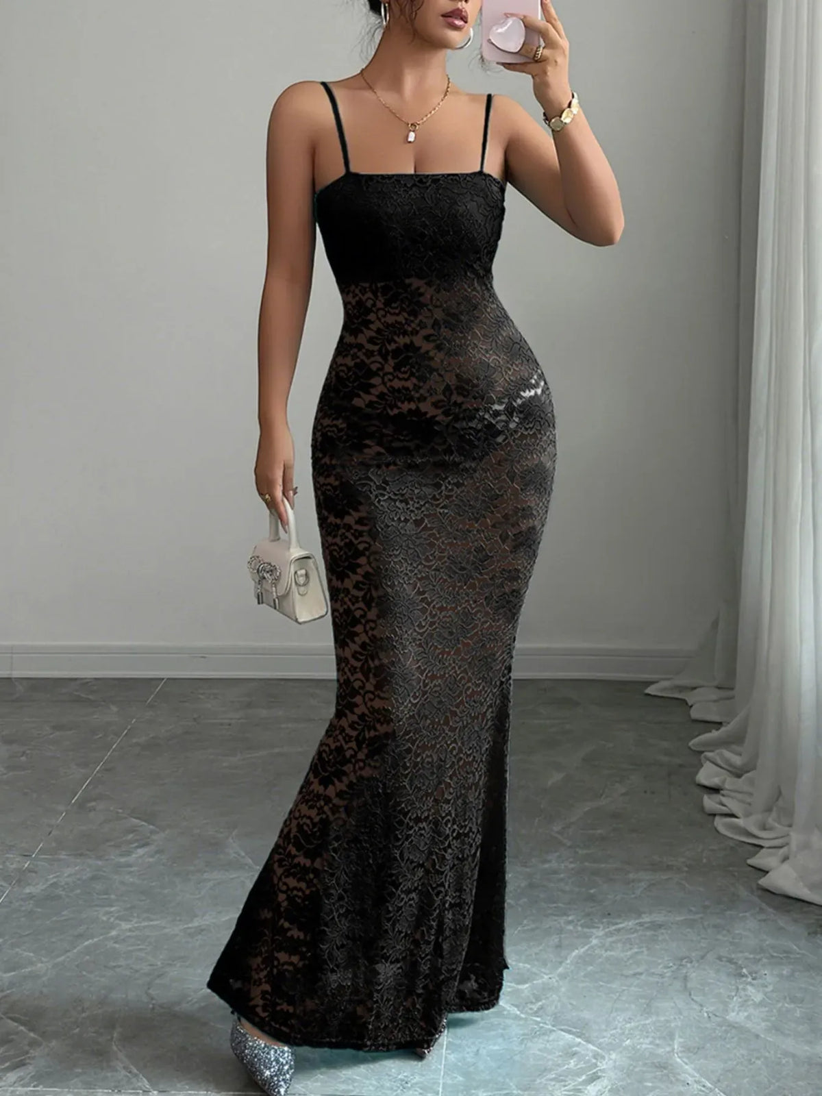 Trendsi Black / S Lace Square Neck Maxi Cami Dress 100100203323787 Lace Square Neck Maxi Cami Dress Apparel & Accessories > Clothing > Dresses