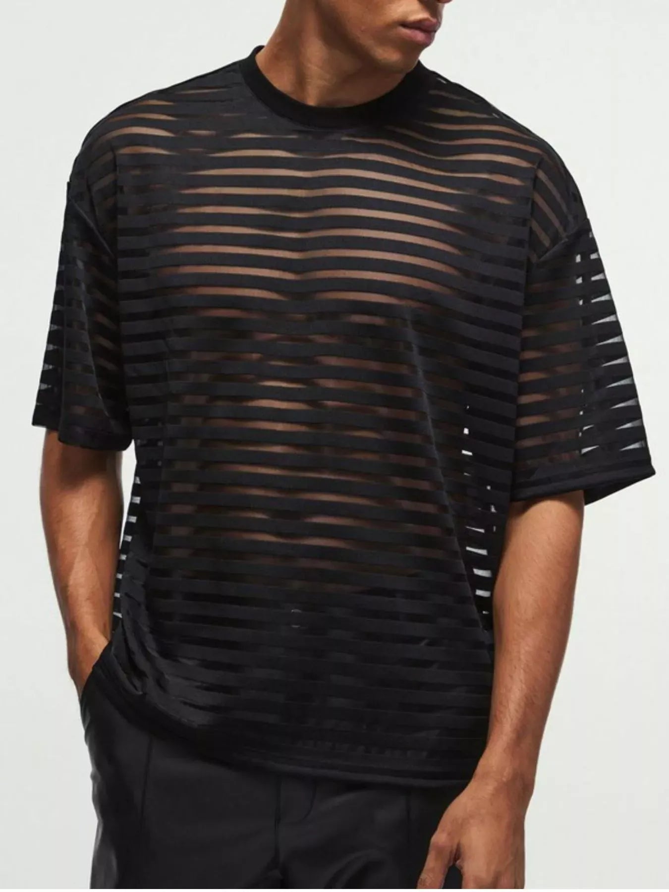 Trendsi Black / S Men's Full Size Sheer Striped Round Neck T-Shirt Plus Size 100400098256333 Men's Full Size Sheer Striped Round Neck T-Shirt Plus Size Apparel & Accessories > Clothing > Dresses