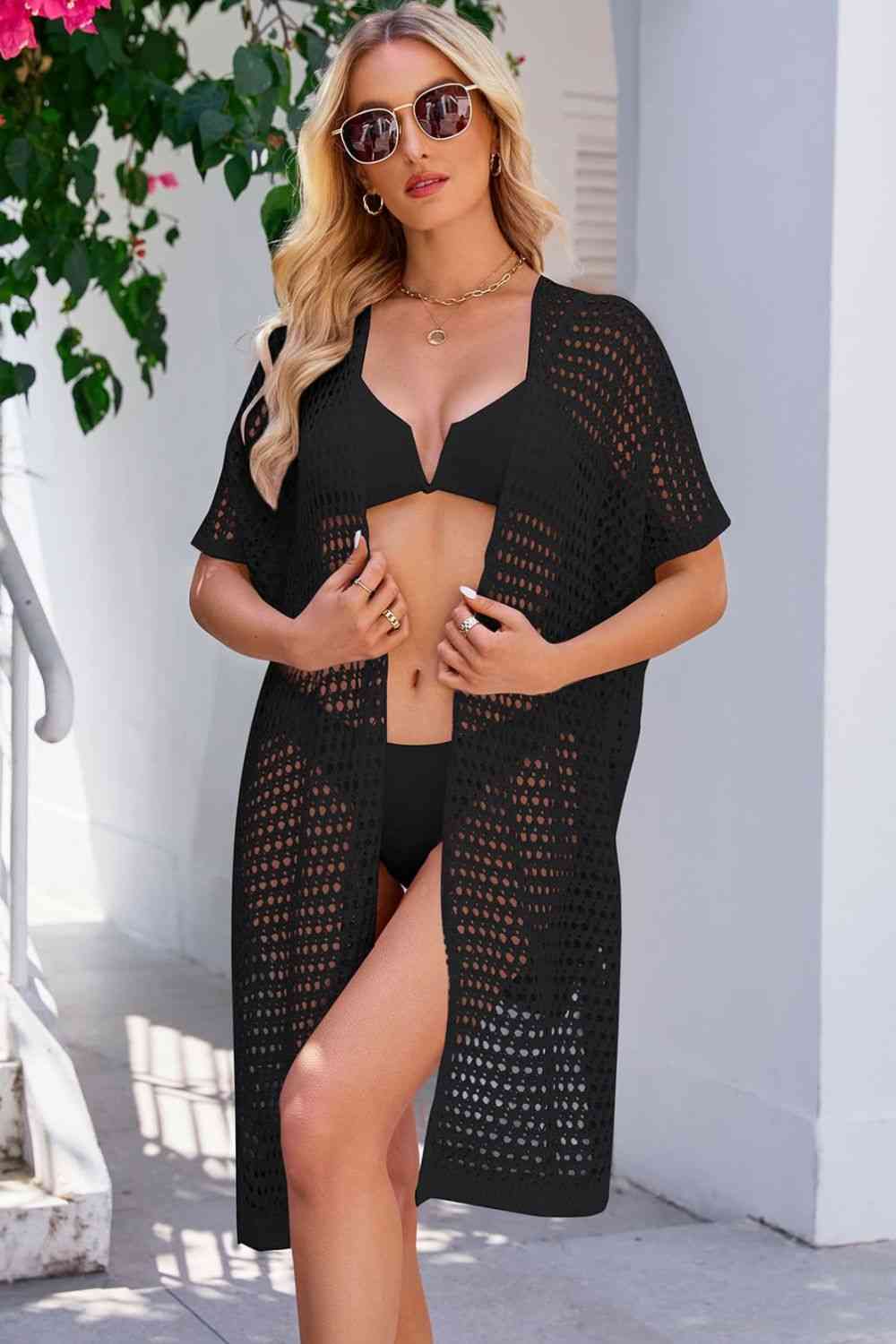Trendsi Black / S Openwork Tie Waist Cover Up 100100211876228 Apparel &amp; Accessories &gt; Clothing &gt; Dresses