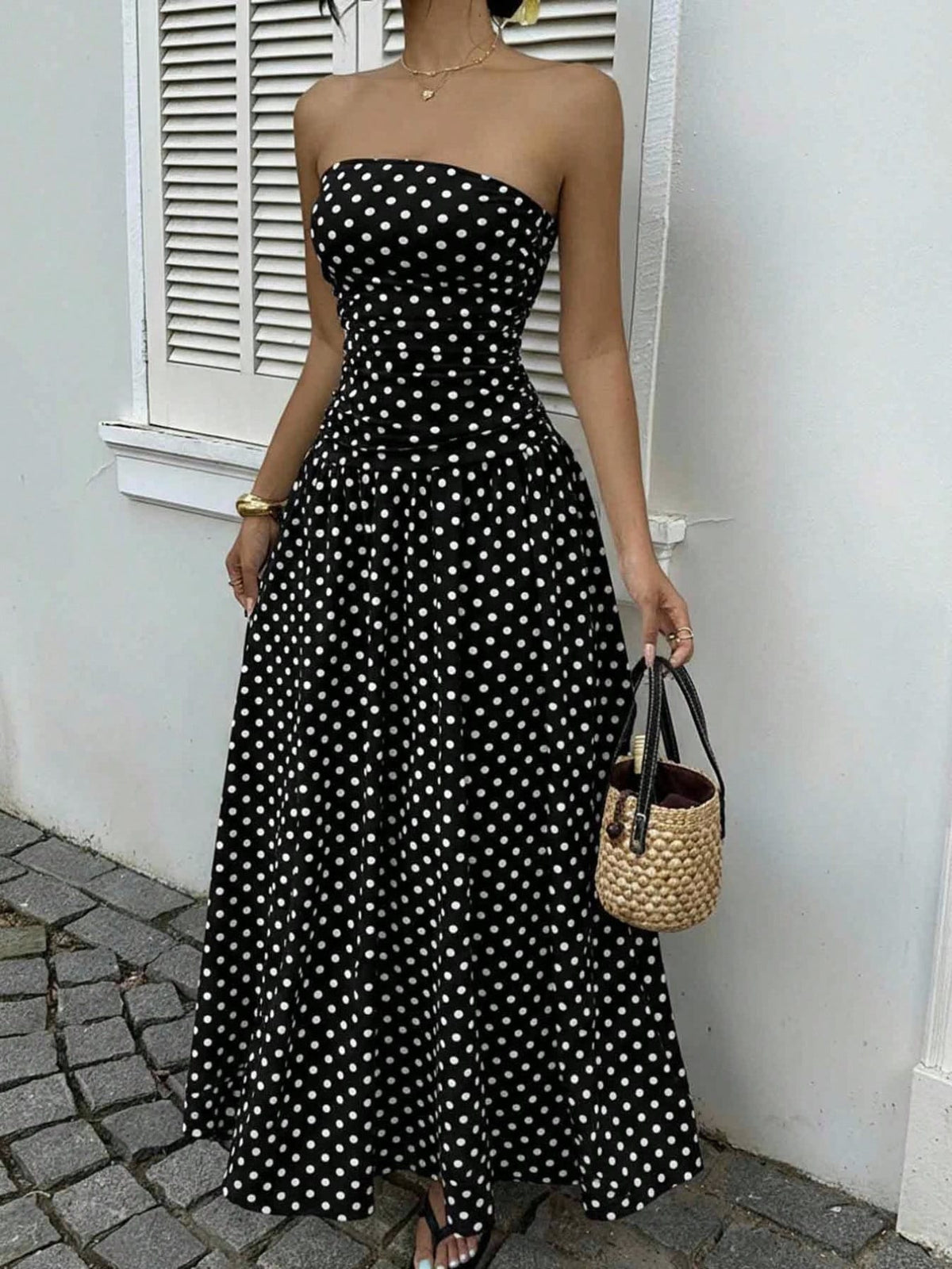 Trendsi Black / S Polka Dot Ruched Strapless Maxi Dress 100100571595029 Polka Dot Ruched Strapless Maxi Dress Apparel & Accessories > Clothing > Dresses