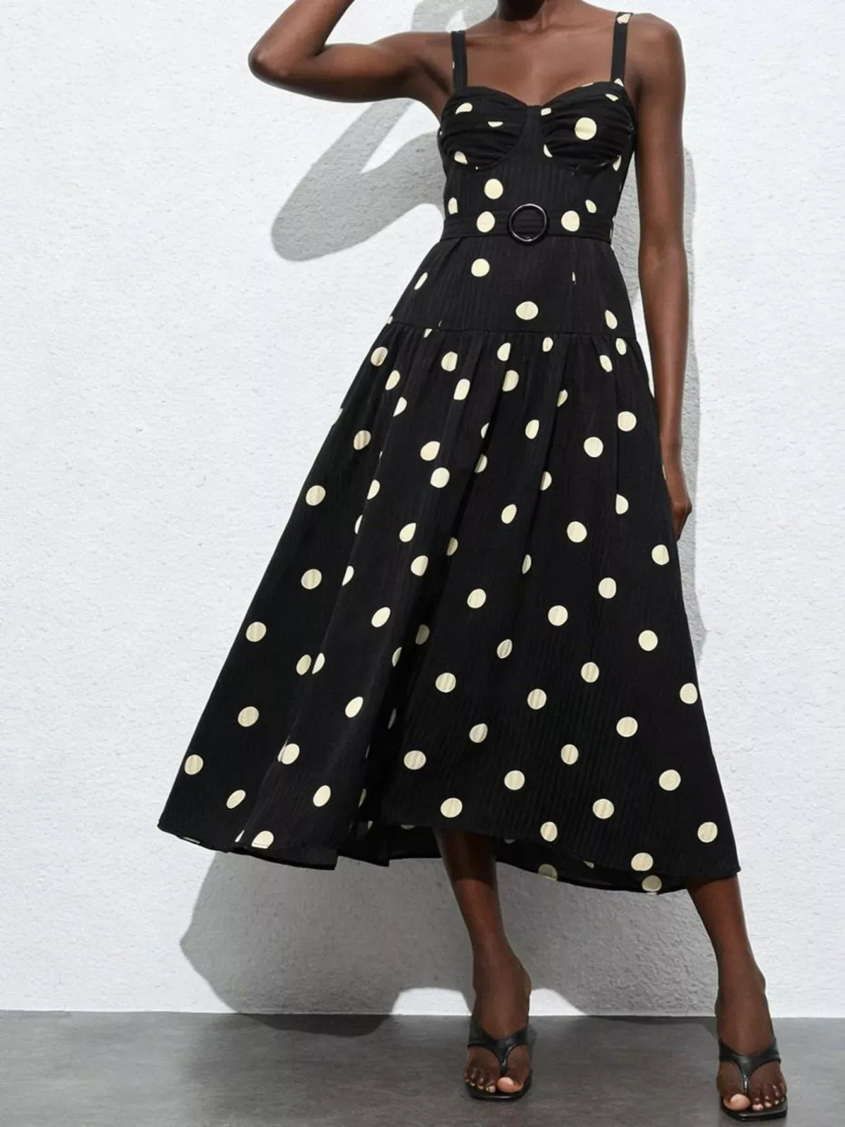 Trendsi Black / S Polka Dot Sweetheart Neck Midi Dress 100100069830439 Polka Dot Sweetheart Neck Midi Dress Apparel & Accessories > Clothing > Dresses