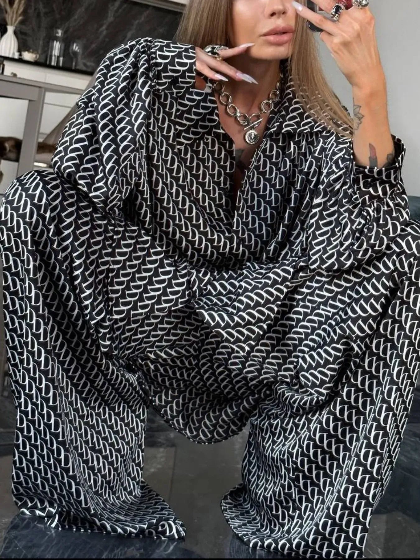 Trendsi Black / S Printed Button Up Shirt and Pants Set 100100135761988 Printed Button Up Shirt and Pants Set Apparel & Accessories > Clothing > Dresses