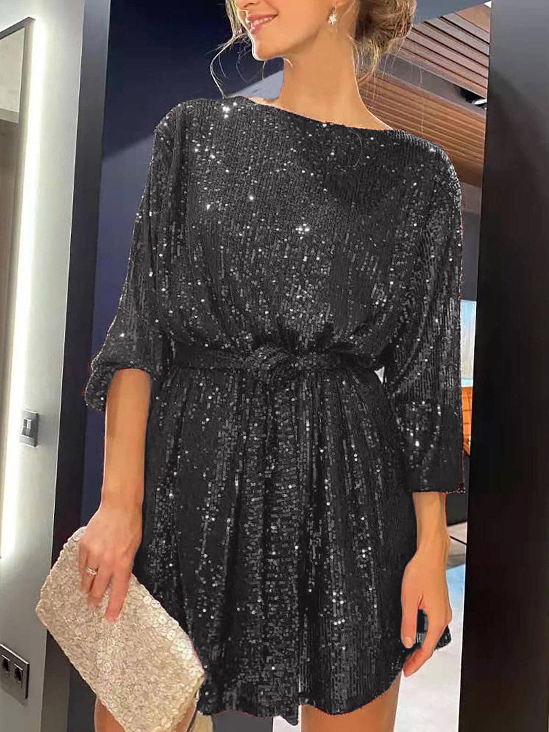 Trendsi Black / S Sequin Tie Waist Long Sleeve Mini Dress 100100208491604 Sequin Tie Waist Long Sleeve Mini Dress Apparel &amp; Accessories &gt; Clothing &gt; Dresses