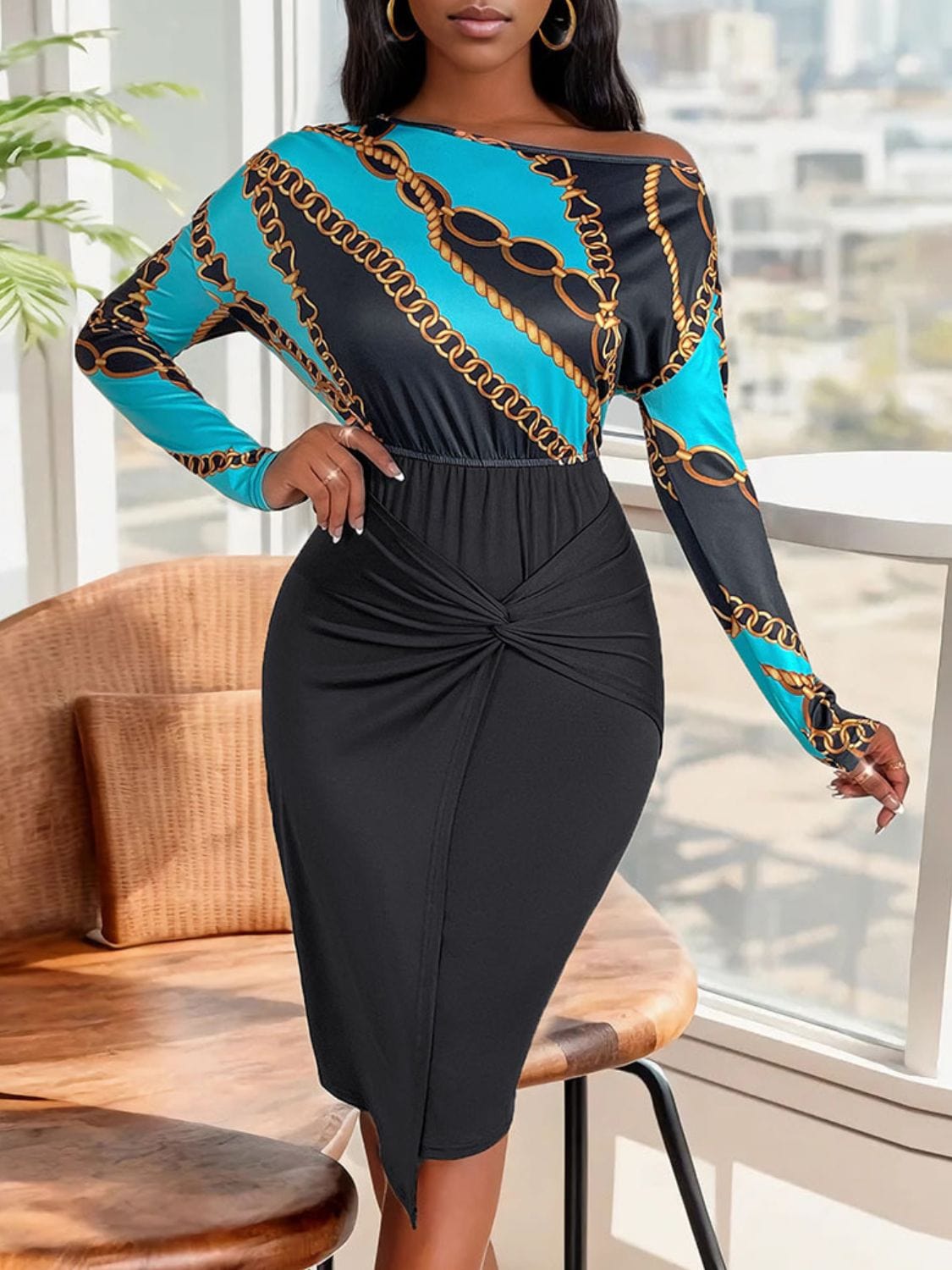 Trendsi Black &amp; Turquoise Blue Italian Luxury Print Twisted Long Sleeve Dress Black &amp; Turquoise Blue Versace Style Luxury Print Twisted Dress Apparel &amp; Accessories &gt; Clothing &gt; Dresses