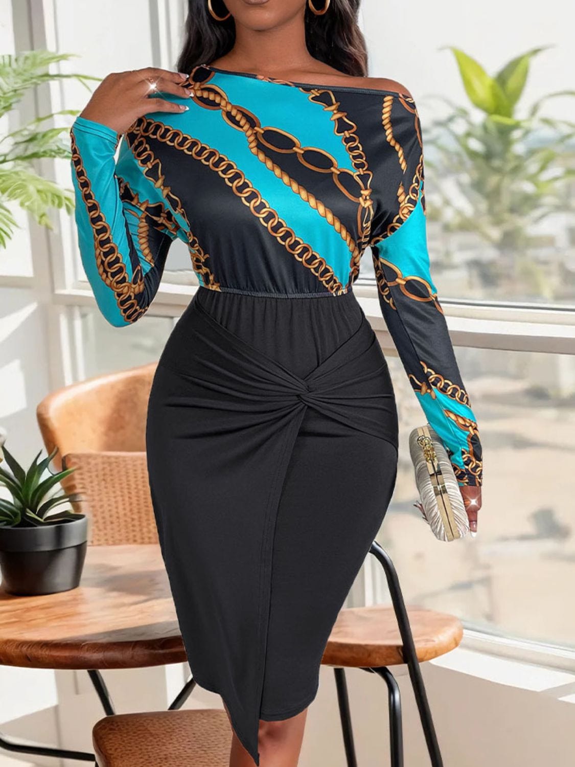 Trendsi Black &amp; Turquoise Blue Italian Luxury Print Twisted Long Sleeve Dress Black &amp; Turquoise Blue Versace Style Luxury Print Twisted Dress Apparel &amp; Accessories &gt; Clothing &gt; Dresses