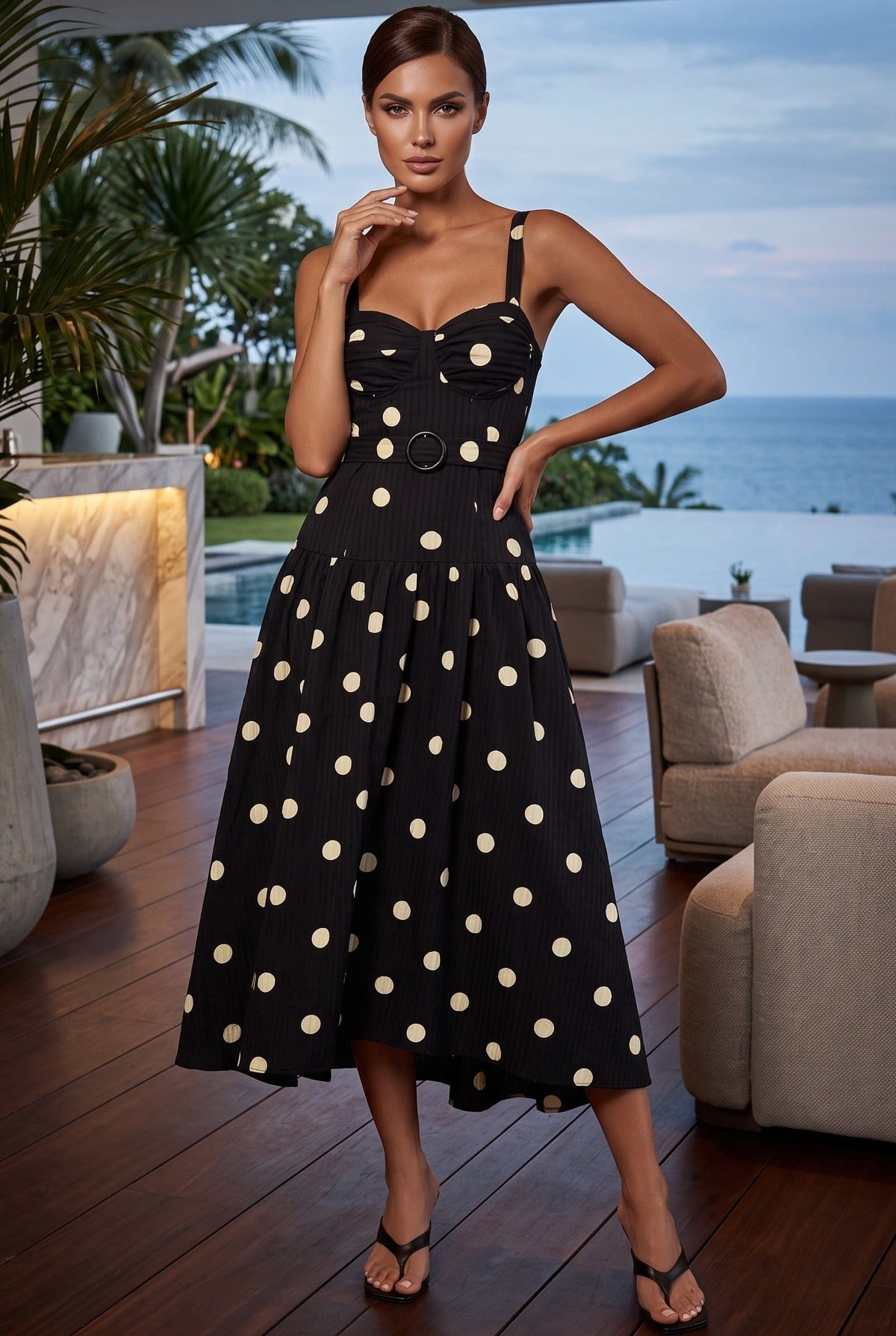 Trendsi Black & White Polka Dot Sweetheart Neck Midi Dress Black & White Polka Dot Sweetheart Neck Midi Dress Apparel & Accessories > Clothing > Dresses