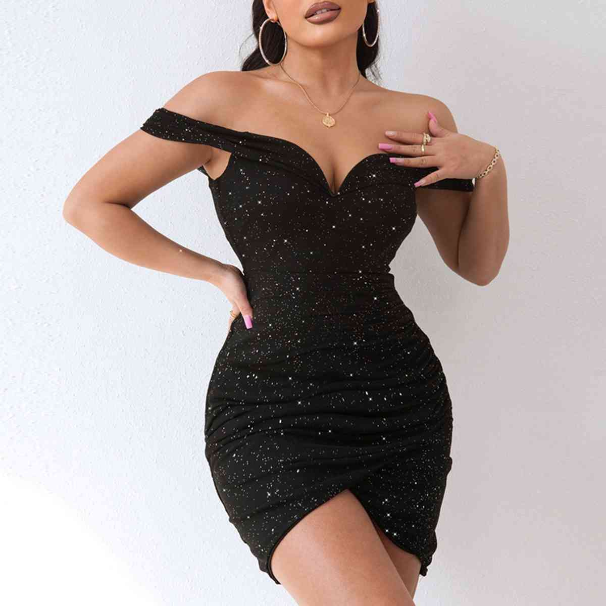 Trendsi Black / XS Sequin Off-Shoulder Mini Dress 100101025563897 Apparel &amp; Accessories &gt; Clothing &gt; Dresses