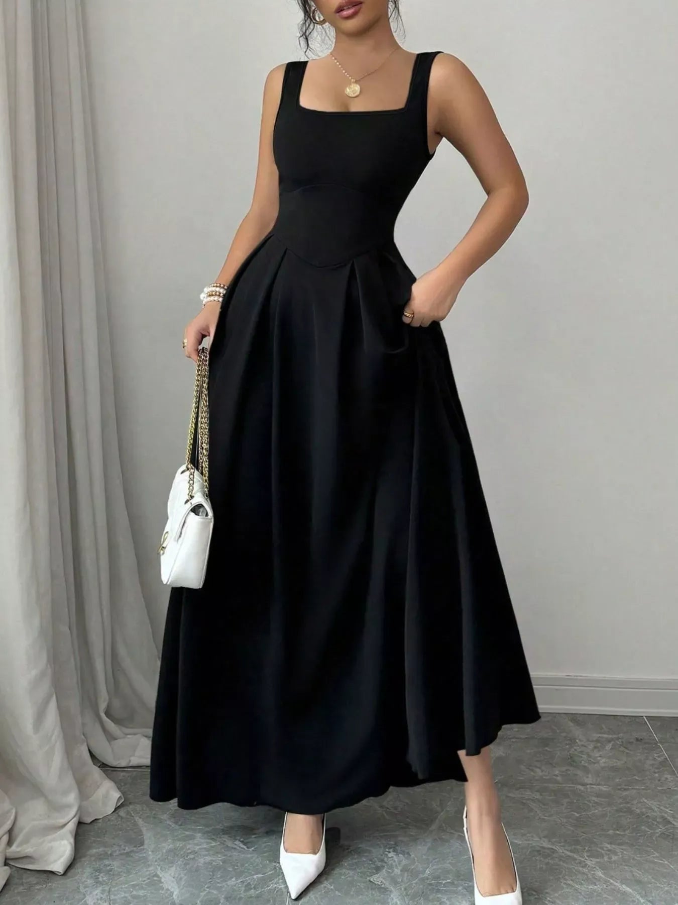 Trendsi Black / XS Sleeveless A-Line Maxi Dress with Square Neckline 100100925141312 Sleeveless A-Line Maxi Dress with Square Neckline Apparel & Accessories > Clothing > Dresses