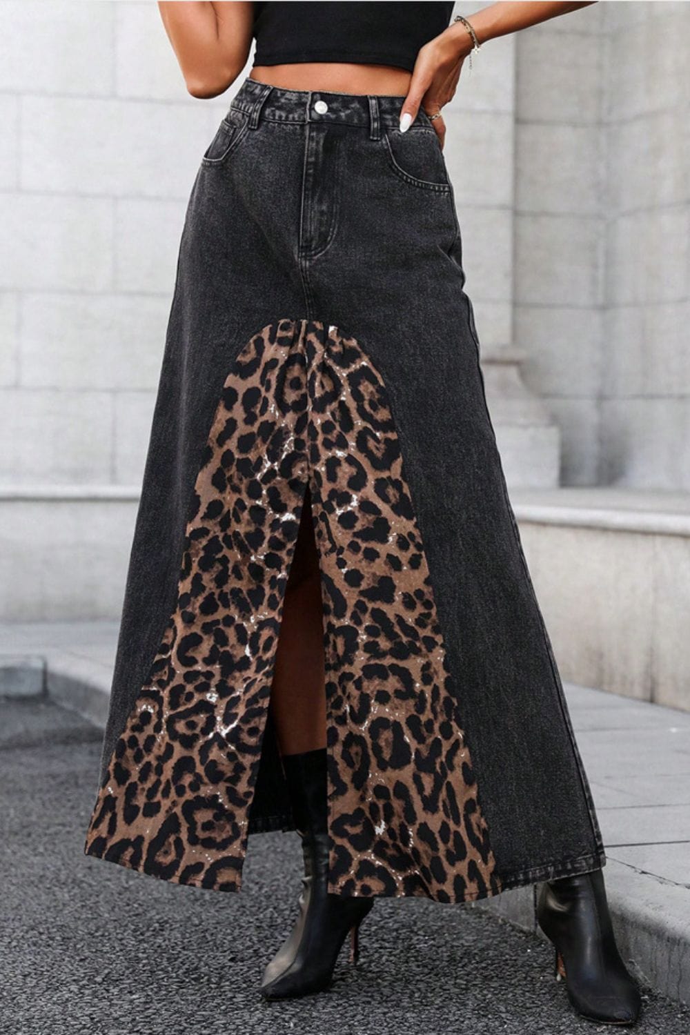 Trendsi Black / XS Slit Leopard Midi Denim Skirt 100100309101414 Slit Leopard Midi Denim Skirt Apparel &amp; Accessories &gt; Clothing &gt; Dresses