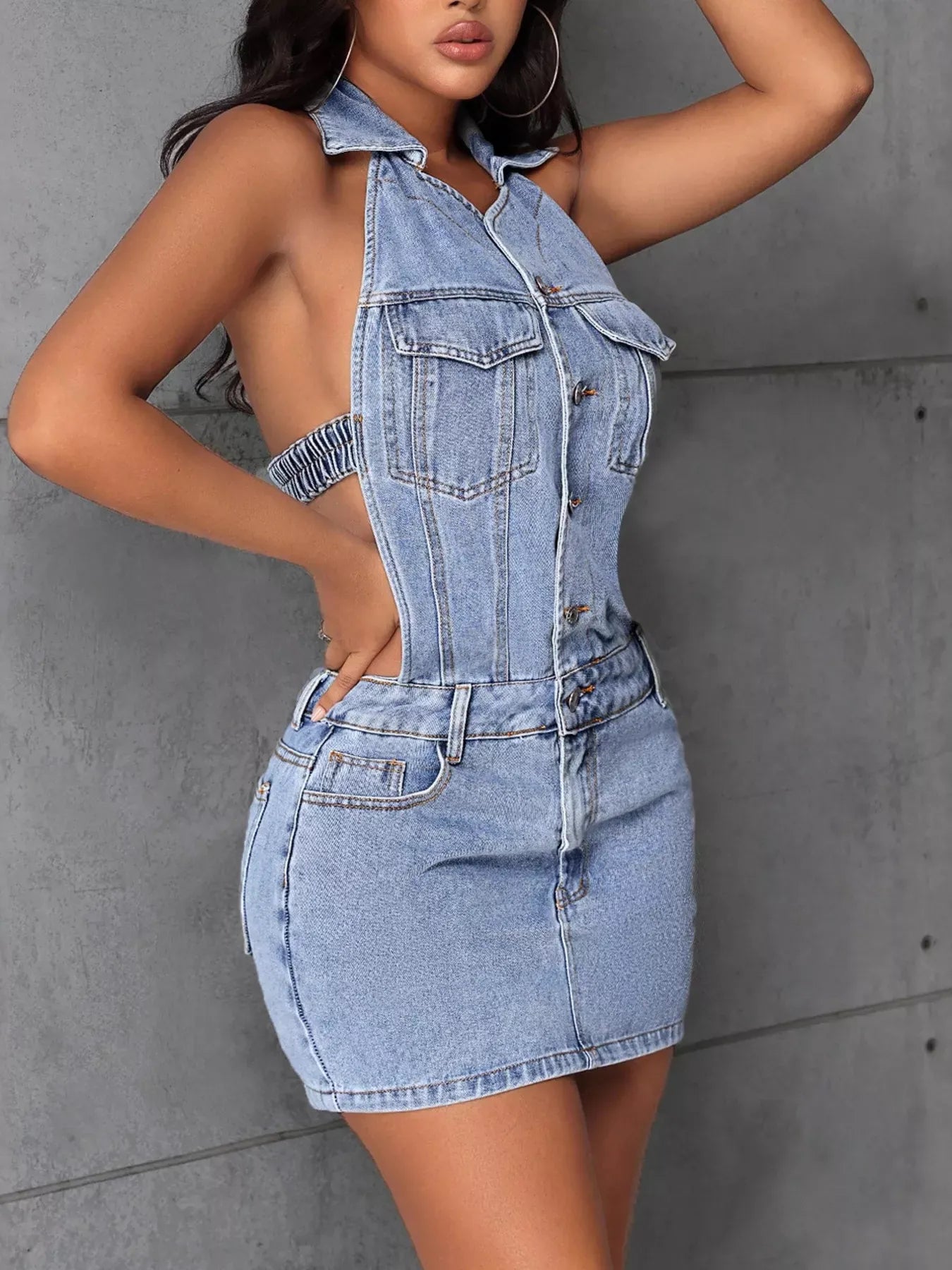 Trendsi Blue / S Backless Sleeveless Button Front Denim Mini Dress 100100238027372 Backless Sleeveless Button Front Denim Mini Dress Apparel & Accessories > Clothing > Dresses
