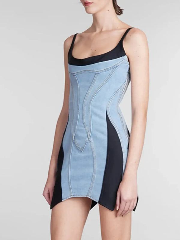 Trendsi Blue / S Contrast Adjustable Strap Denim Dress 100100493391946 Contrast Adjustable Strap Denim Dress Apparel & Accessories > Clothing > Dresses