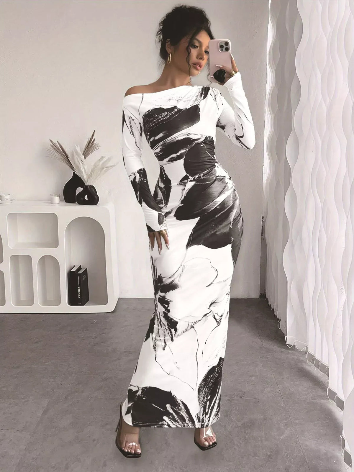Trendsi Blue / S Floral One Shoulder Long Sleeve Maxi Dress 100100484231428 Floral One Shoulder Long Sleeve Maxi Dress Apparel & Accessories > Clothing > Dresses