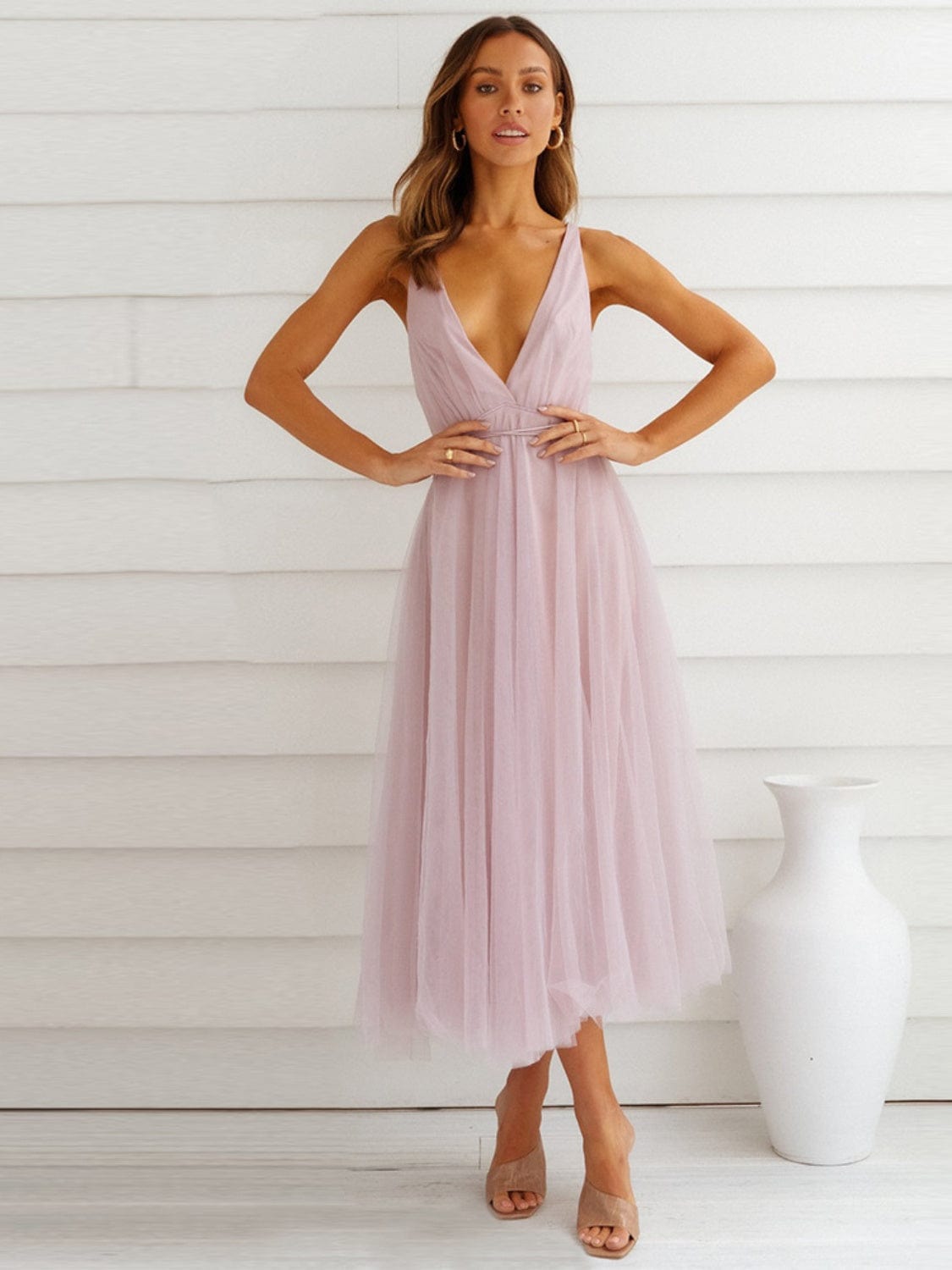 Trendsi Blush Pink / S Backless Crisscross Sleeveless Midi Dress 100100705592036 Apparel &amp; Accessories &gt; Clothing &gt; Dresses