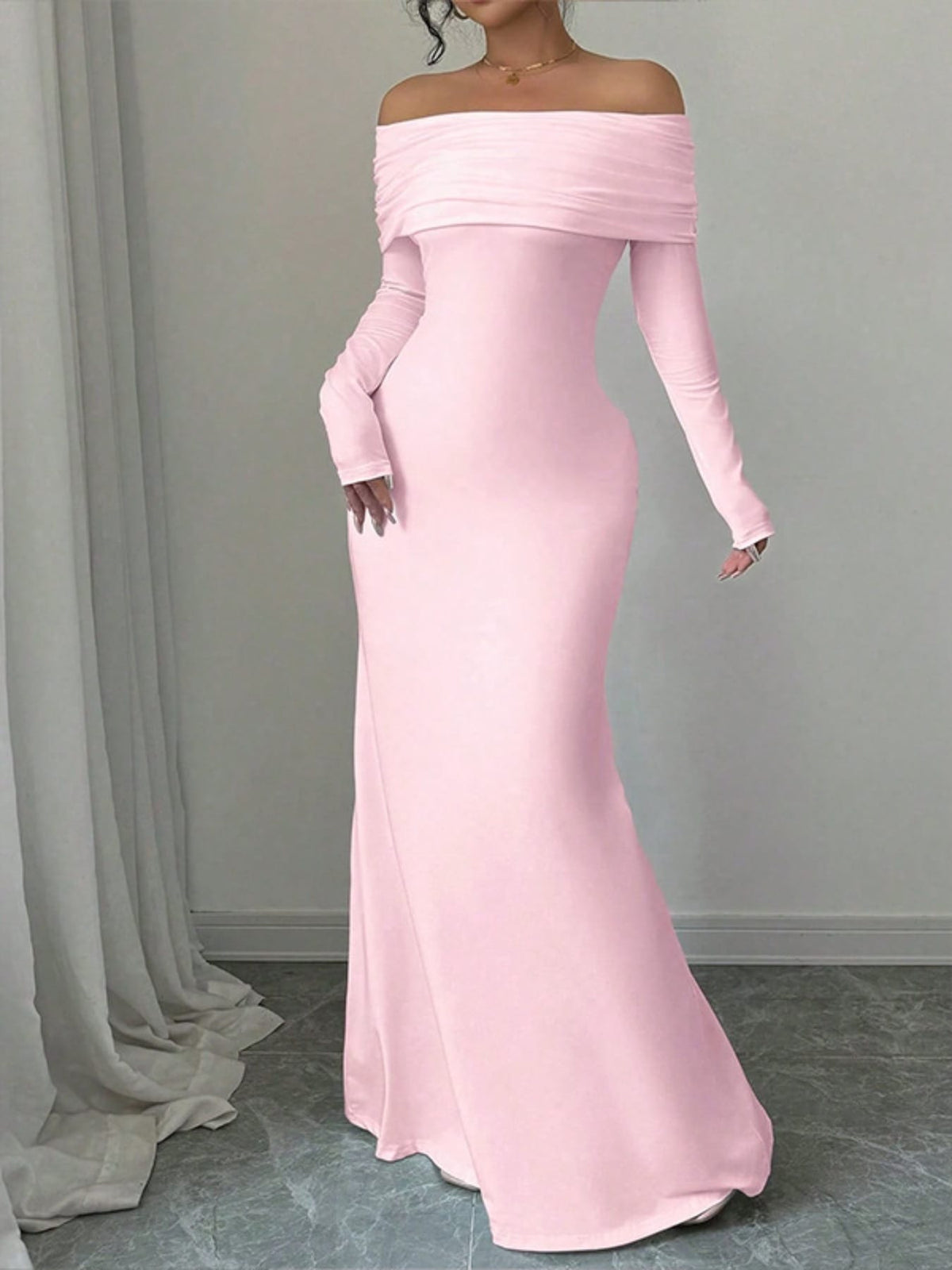 Trendsi Blush Pink / S Off-Shoulder Long Sleeve Bodycon Maxi Dress 100100334428174 Off-Shoulder Long Sleeve Bodycon Maxi Dress Apparel & Accessories > Clothing > Dresses