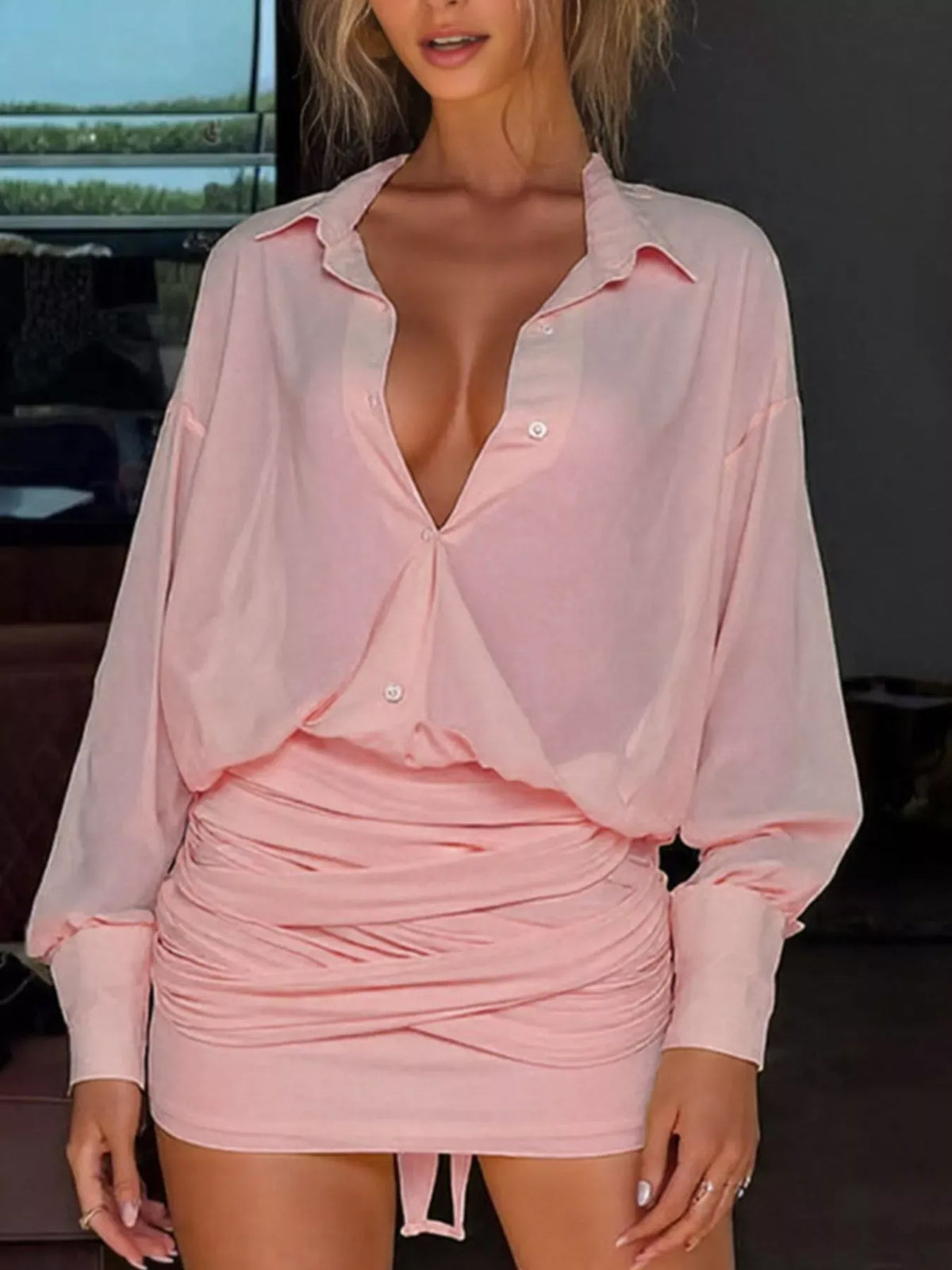 Trendsi Blush Pink / S Sheer Button-Down Mini Shirt Dress with Back Tie 100100630416652 Sheer Button-Down Mini Shirt Dress with Back Tie Apparel & Accessories > Clothing > Dresses