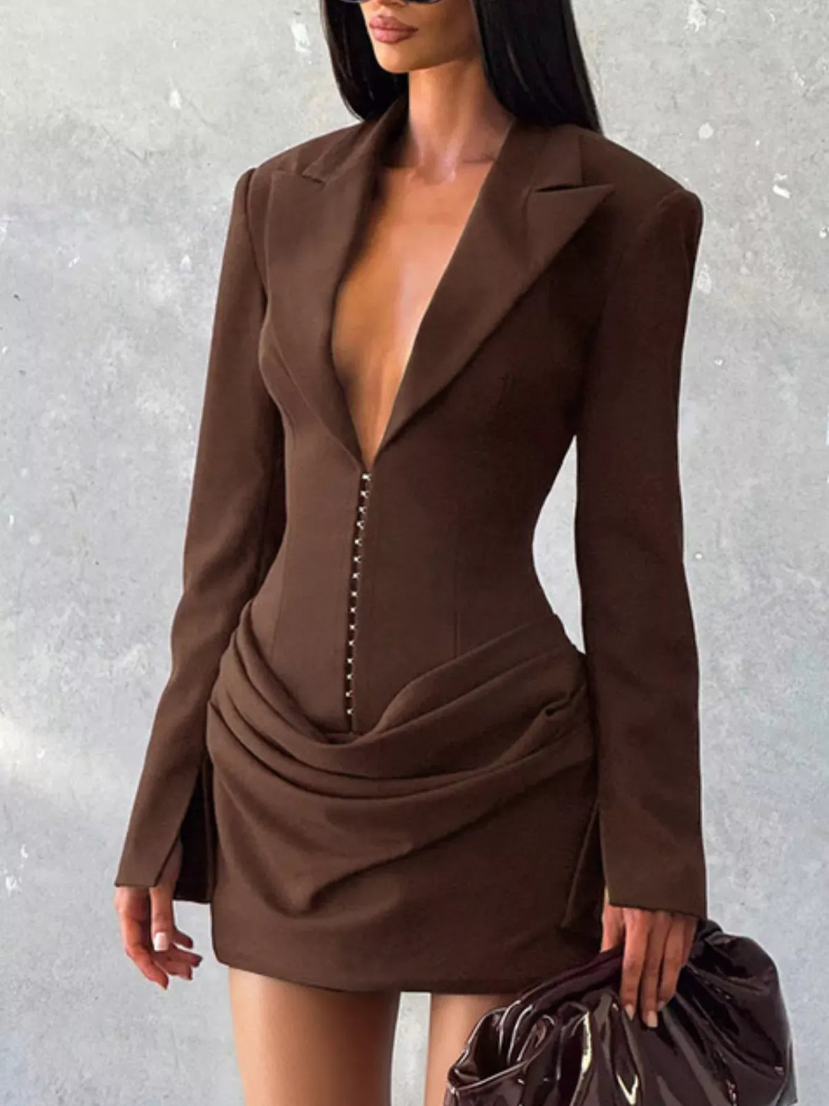 Trendsi Brown / S Full Size Blazer-Style Long Sleeve Mini Dress Plus Size 100100456378231 Full Size Blazer-Style Long Sleeve Mini Dress Plus Size Apparel & Accessories > Clothing > Dresses