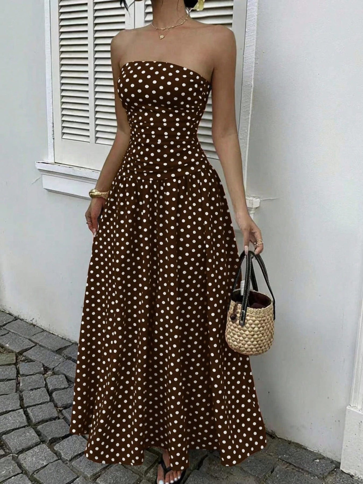 Trendsi Brown / S Polka Dot Strapless Maxi Dress 100100020937841 Polka Dot Strapless Maxi Dress Apparel & Accessories > Clothing > Dresses
