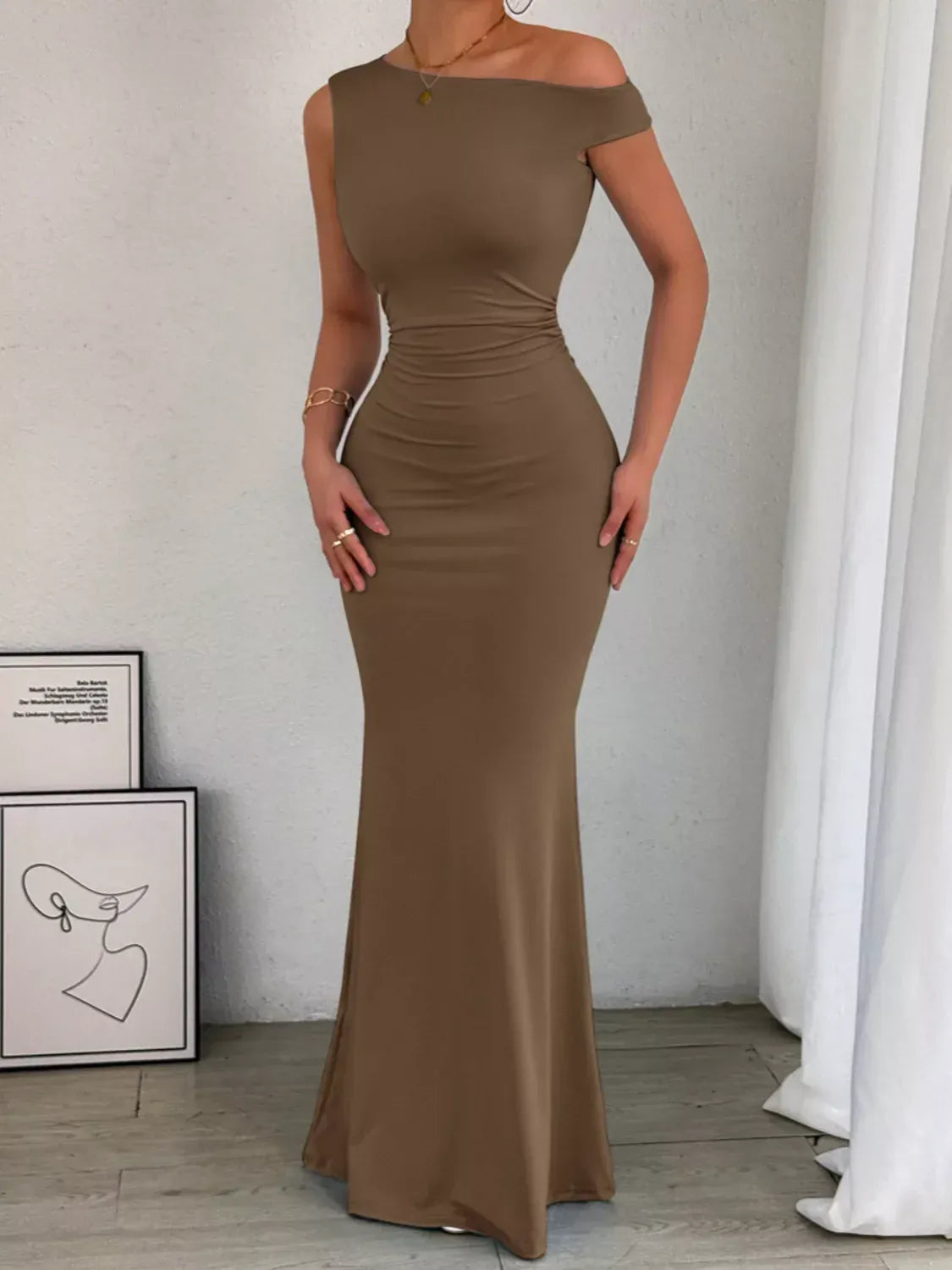 Trendsi Brown / XS One-Shoulder Ruched Bodycon Maxi Dress 100100605431740 One-Shoulder Ruched Bodycon Maxi Dress Apparel & Accessories > Clothing > Dresses