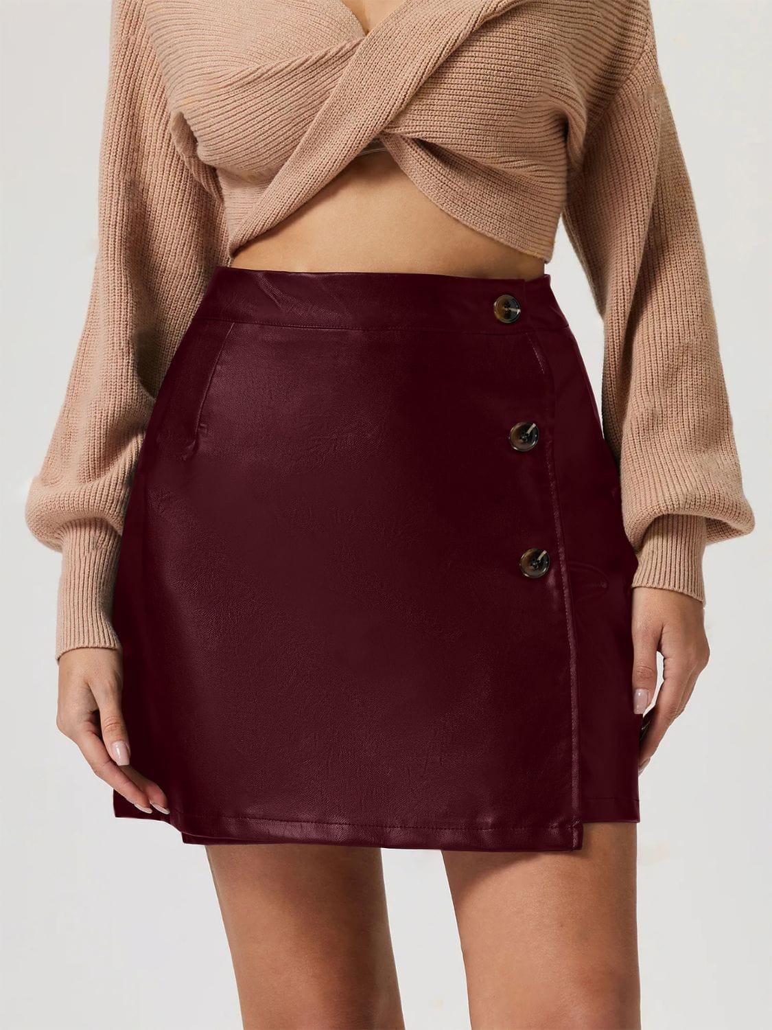 Trendsi Burgundy / S Buttoned High Rise Mini Skirt 100100166535661 Buttoned High Rise Mini Skirt Apparel & Accessories > Clothing > Dresses