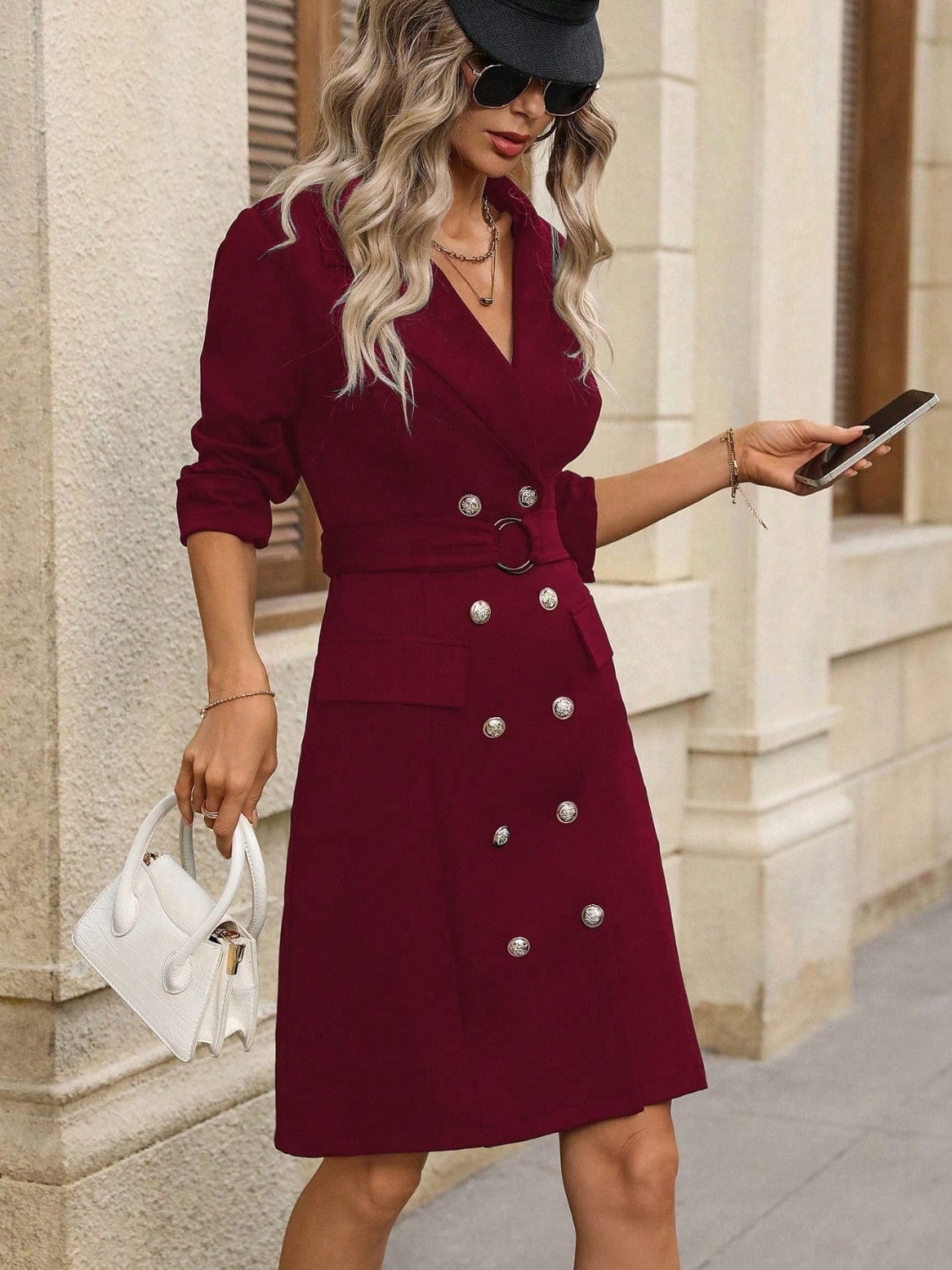 Trendsi Burgundy / S Double-Breasted Lapel Collar Long Sleeve Dress 100100675769774 Double-Breasted Lapel Collar Long Sleeve Dress Apparel &amp; Accessories &gt; Clothing &gt; Dresses